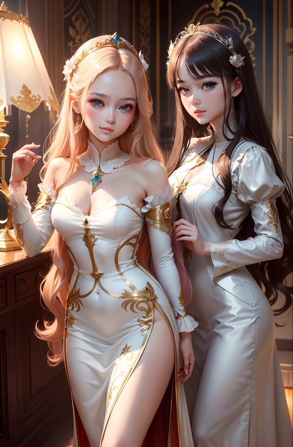 schoolgirls,Beautuful Women,Smooth long hair,Gentle eyes,angelicales,The picture is beautifully carved,Soft mood lamp,Delicate facial features,High picture quality,A masterpiece,Girly,The right proportions,Two-dimensional style,Nobility and nobility,Gorgeous gemstones,Dancing long dresses,Luxury clothing,Long flowing hair fluttering,Metallic luster and nobility,Bright and spirited, Eyes are like gemstones,small, Rounded face。Gradually nothing