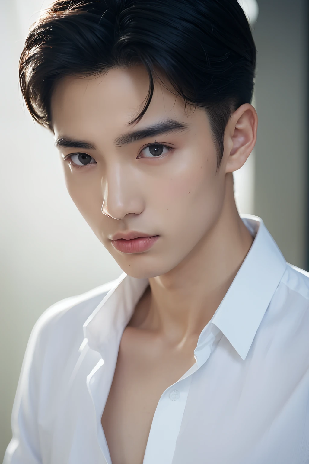 ( (8K:1.27), 4K，best qualtiy, tmasterpiece, 超高分辨率:1.2) Chinese man photo, young  male，Perfect face，perfect bodies，white  shirt，clothes see-through，Expose abs，realskin，super detailing