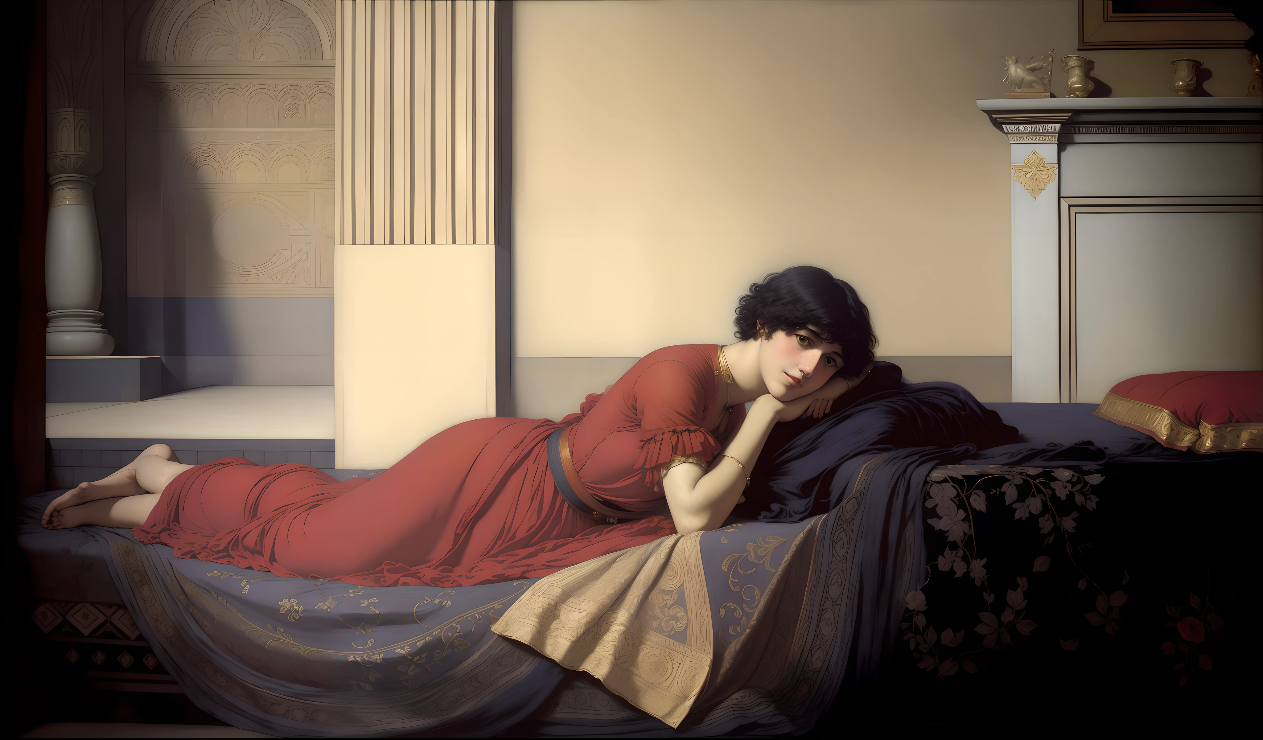 painting of a man laying on a bed with a red dress, lawrence alma - tadema, lawrence alma tadema, jean-joseph benjamin-constant, j. w. godward, sir lawrence alma - tadema, tadema, godward, john willaim godward, alma tadema, by Gustave Boulanger, by Albert Joseph Moore