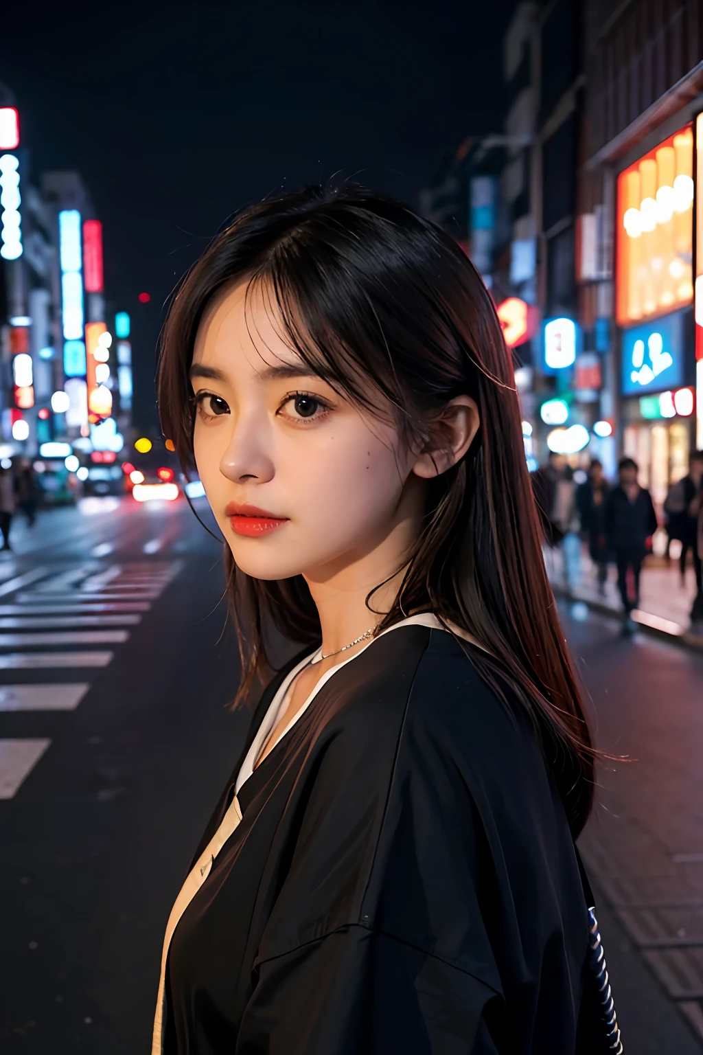1girl, Tokyo street,night, cityscape,city lights, upper body,close-up, 8k, RAW photo, best quality, masterpiece,realistic, photo-realistic,