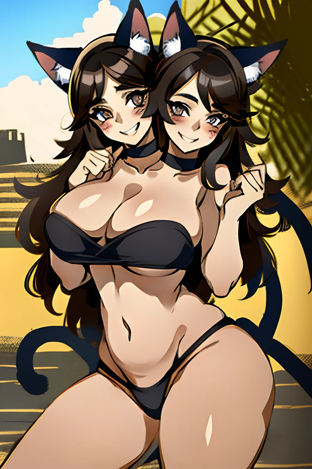 2heads, a short fat woman with 2 heads. She has massive breasts. She is outside in a sunny village. She is wearing a skimpy outfit. She is wearing fake cat ears and a fake cat tail. She has enormous fat breasts. She has cat facepaint and fake whiski. She is extremely short. She is extremely fat. She looks flirty. She looks seductive. She is blushing. Her breasts are gigantic and fat. She has long straight dark brown hair. She looks mature. She looks motherly. Her breasts are enormous. She is laughing.