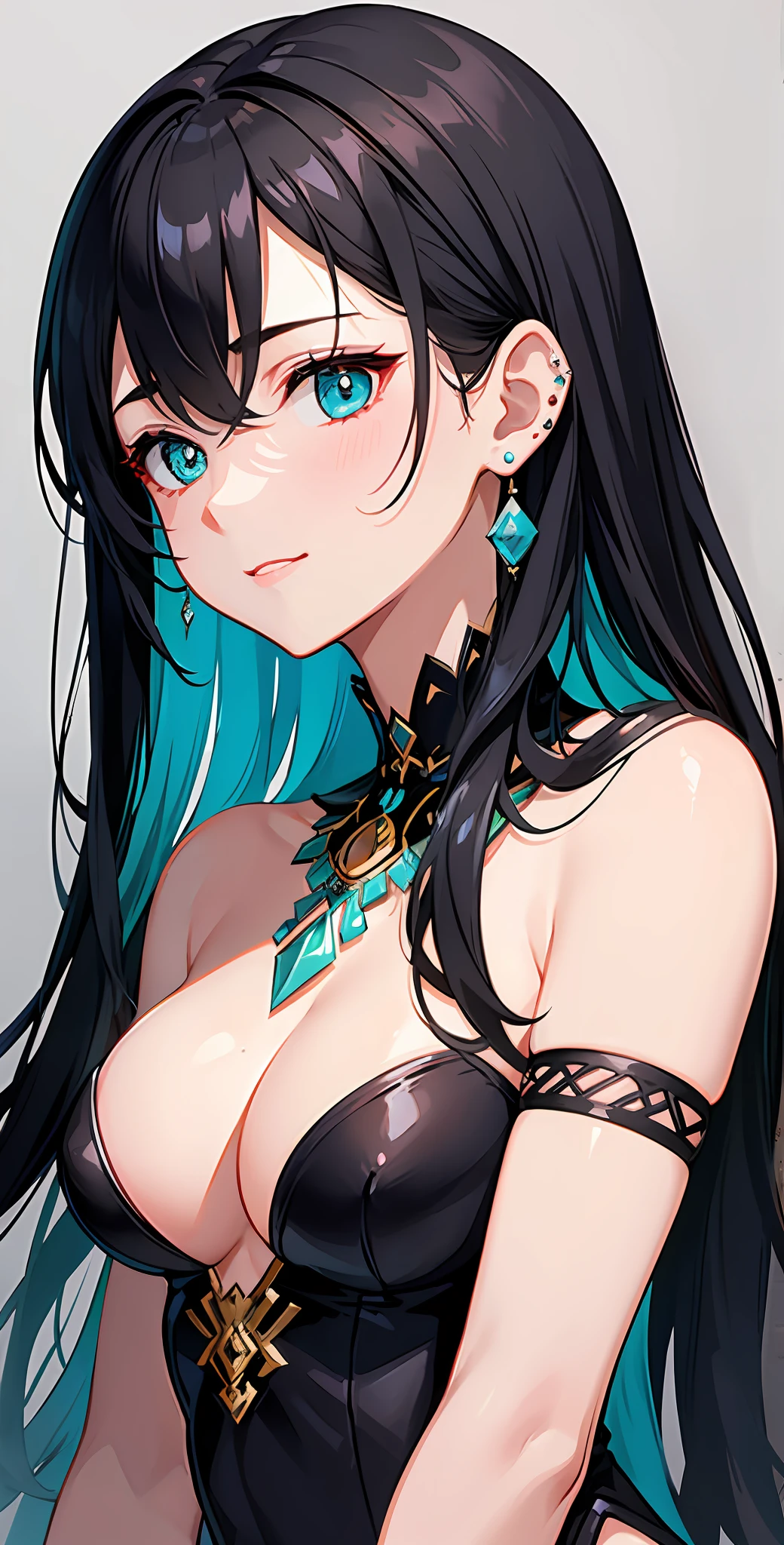 top-quality、masterpiece、hight resolution、Black hair、Turquoise hair inside、BREAK、A slight smil、frontage、1 Female solo、beautiful shadow、Dazzling light、well-muscled、Complicated piercing of ears、Well-formed face、Hyper Detail、Colossal tits、beautifuldetails、Delicate、green colored eyes、Wipe sweat、Reddish eyeshadow、Reddish eyelashes、Shy woman、shame、profile