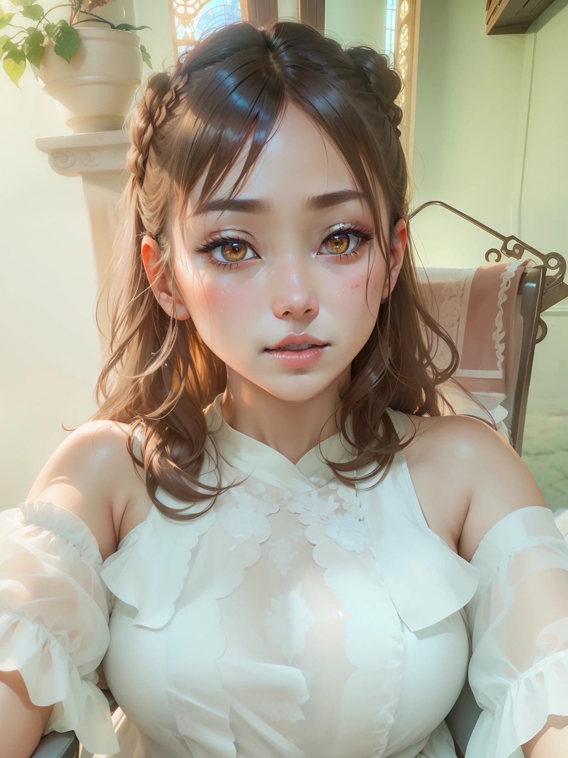 (Highly detailed CG Unity 8k wallpaper), (Masterpiece), (Best Quality), (Super Detail), (Best Illustration), (Best Shadow), (Photorealistic:1.1),(PureErosFace_V1:0.5),(Taiwanese Cute Girl),(Taiwanese Sexy Woman),(Taiwanese Gorgeous Idol),(Taiwanese Gorgeous Idol),Real Human Skin, Lens Flare, Shade, Backlight,( Natural Light), Film Grain,((1 girl)), Ultra High Resolution, (Details: 1.4), Brown Eyes, Seductive Smile, Cute, (Solo Focus), (Brown Hair), (Princess Cut Short Hair, Low Tight Back Braided Ponytail)), ((White Summer Sunrise Embroidery Linen Maxi Dress)), ((White Chinese Tan Costume Amisé (Transparent Material)), ((Big)) , (cowboy shot), (medium shot), blurred background, 18 years old, (((solo)), (shiny skin), wearing a cyberpunk-inspired micro bikini, (viewer view), (front), (sitting on a chair and opening crotch), ((big)), (without makeup), (crotch crack), (sweaty) (squinting: 0.8), (st. Peter's Basilica), Vatican City, (indoor basilica), ( Ancient Roman style), (mouth: 0.3), (happy 512:0.5), (beautiful_mistake-8500:0.5), (close moth