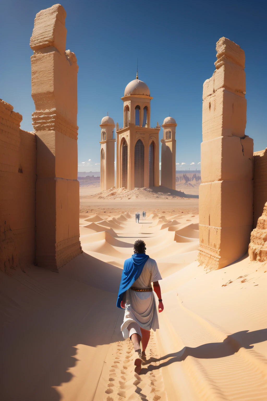 god walking in the desert, blue eyes, 8k, people around him, mirage in the background