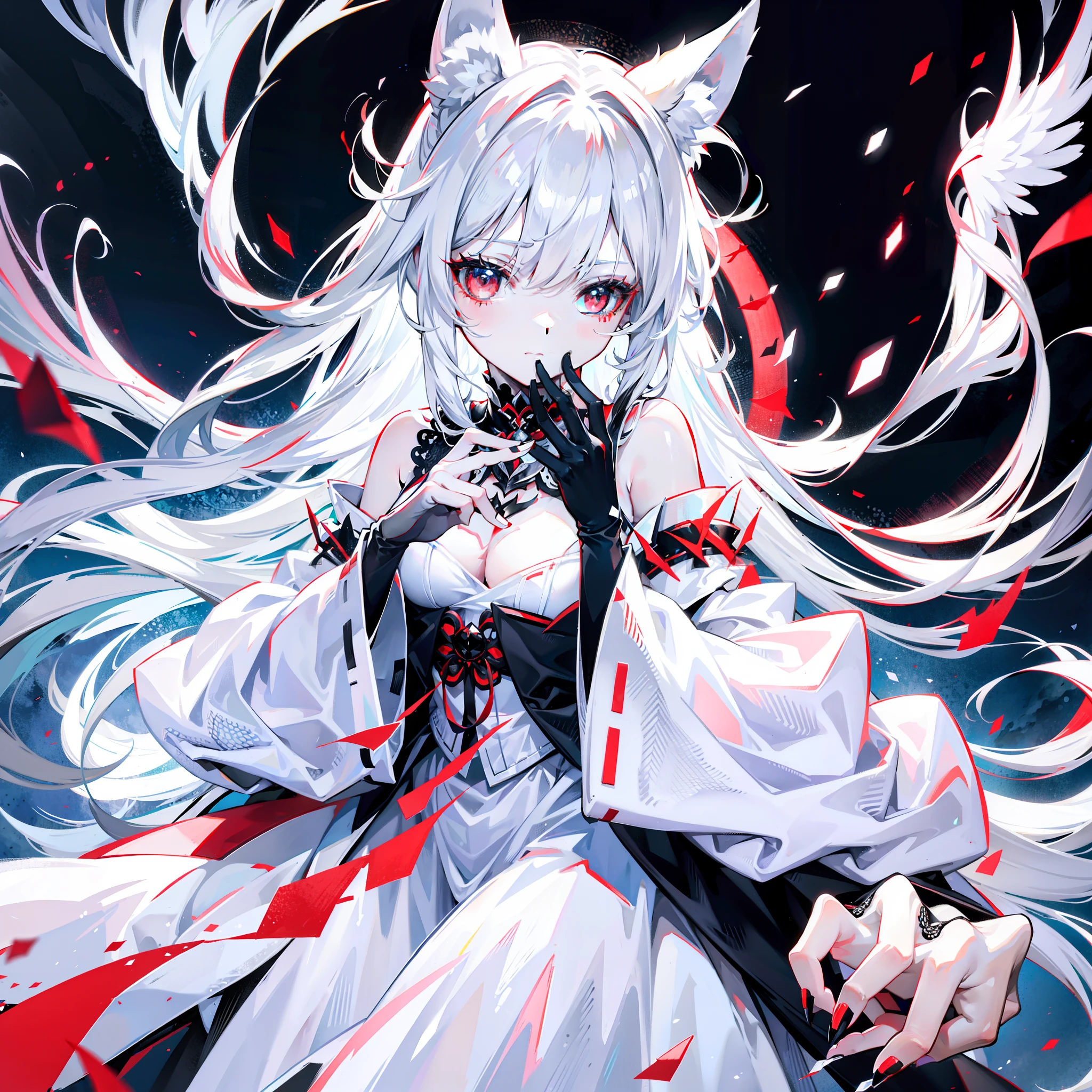 White wolf ears、White wolf tail、red pupils、Black dress、Black wings、Monster、Six hands、teens girl