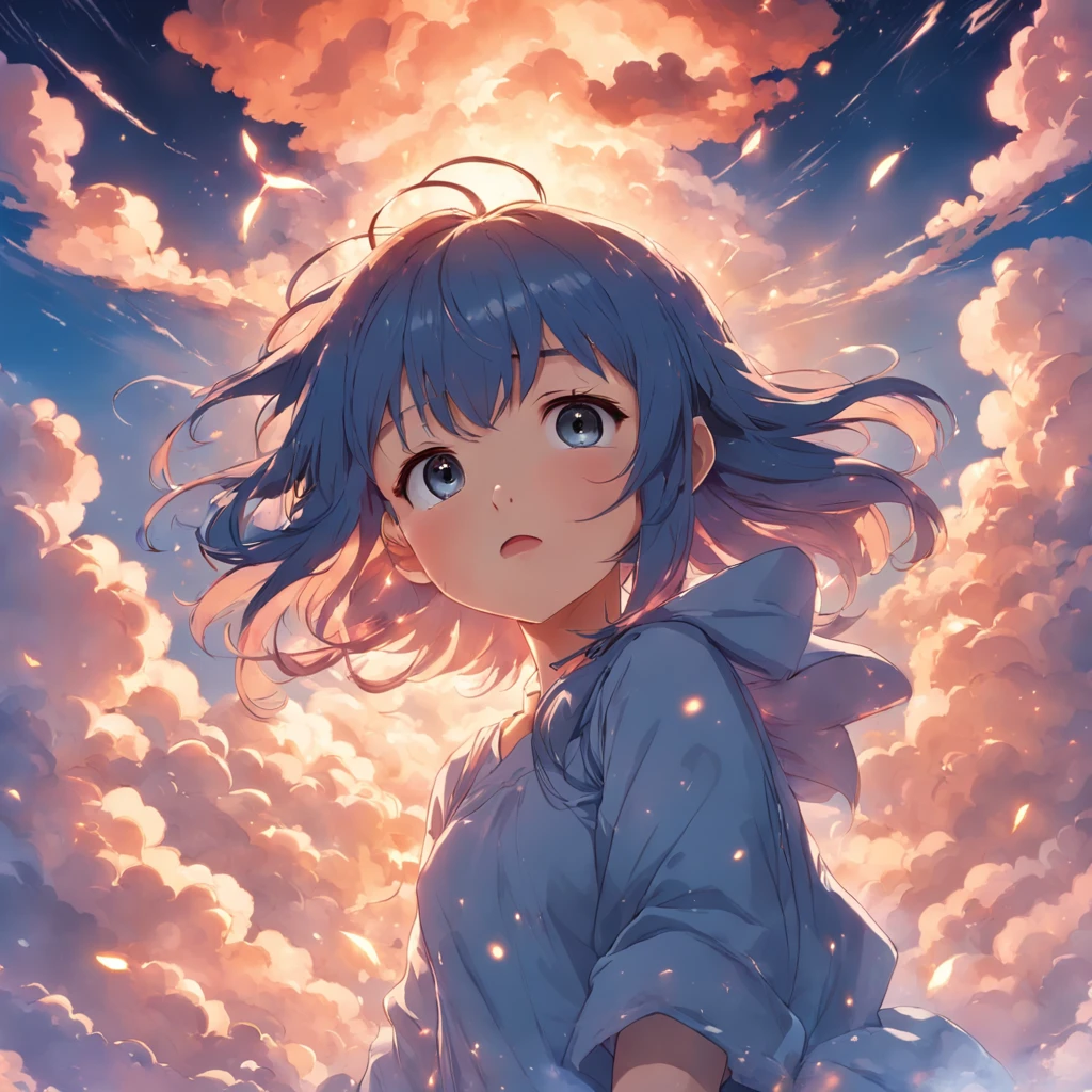 masterpiece, best quality, movie still, 1girl, cloud girl, floating in the sky, close-up, bright, happy, warm soft lighting, sunset, (sparks:0.7)