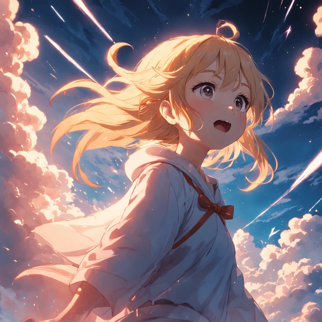 masterpiece, best quality, movie still, 1girl, cloud girl, floating in the sky, close-up, bright, happy, warm soft lighting, sunset, (sparks:0.7)