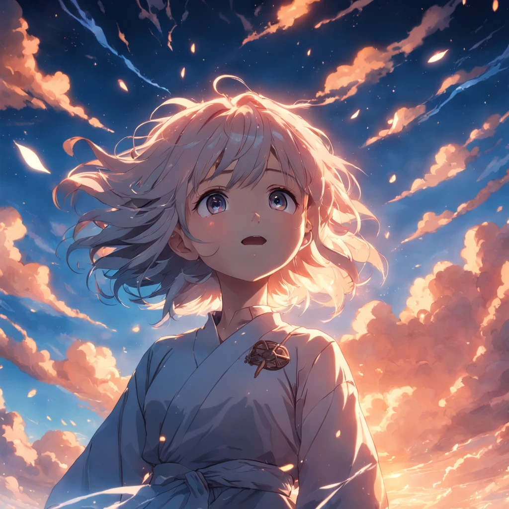 masterpiece, best quality, movie still, 1girl, cloud girl, floating in the sky, close-up, bright, happy, warm soft lighting, sunset, (sparks:0.7)