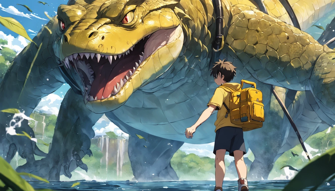 A boy with yellow backpack raised by alligators in high school , na escola , escola , escola , childrens , estudando , desenho anime