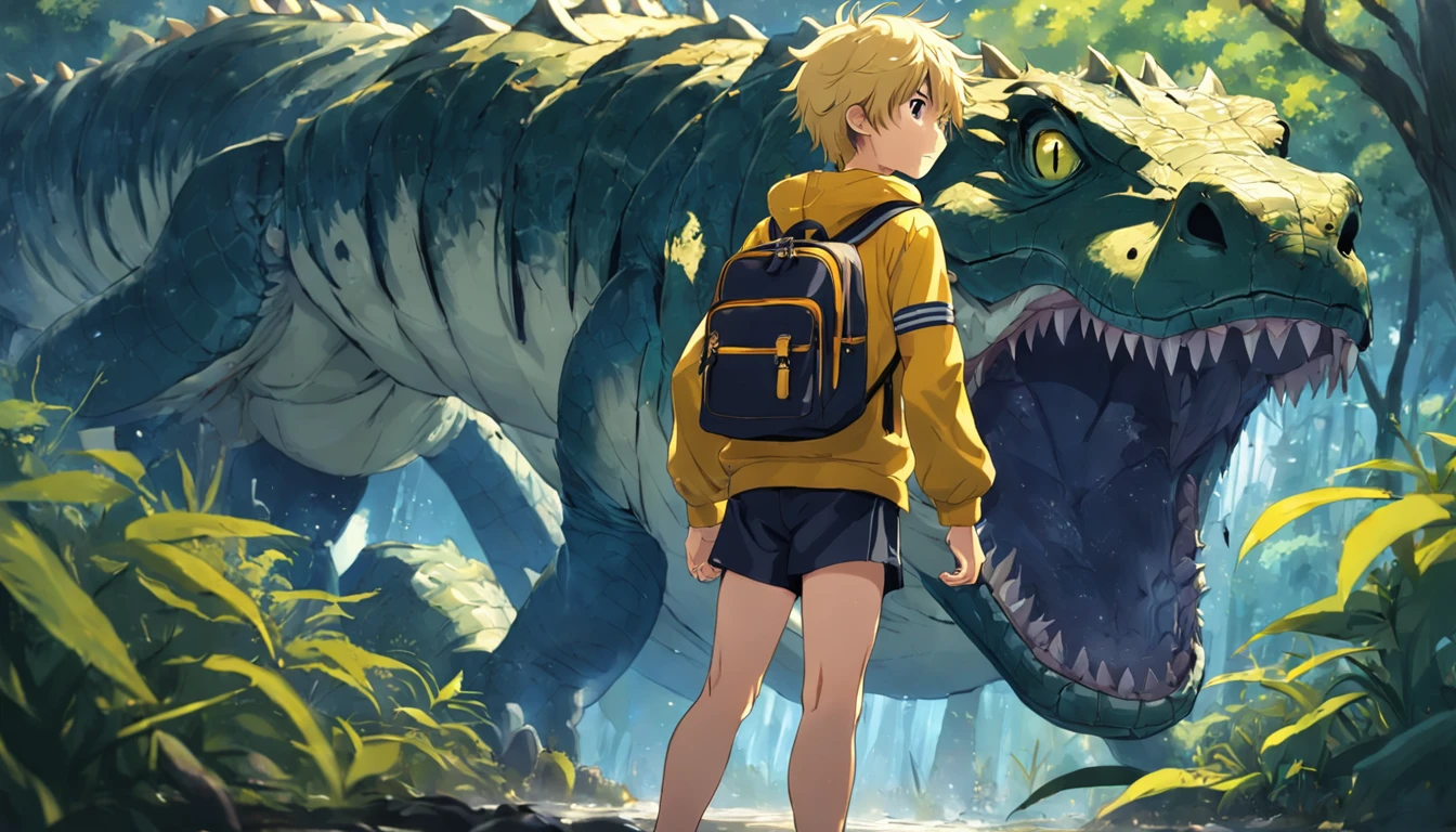 A boy with yellow backpack raised by alligators in high school , na escola , escola , escola , childrens , estudando , desenho anime