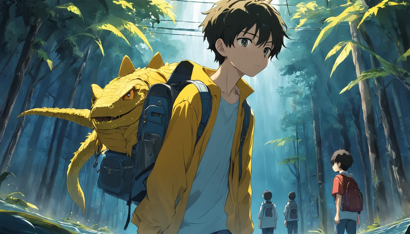 A boy with yellow backpack raised by alligators in high school , na escola , escola , escola , childrens , estudando , desenho anime