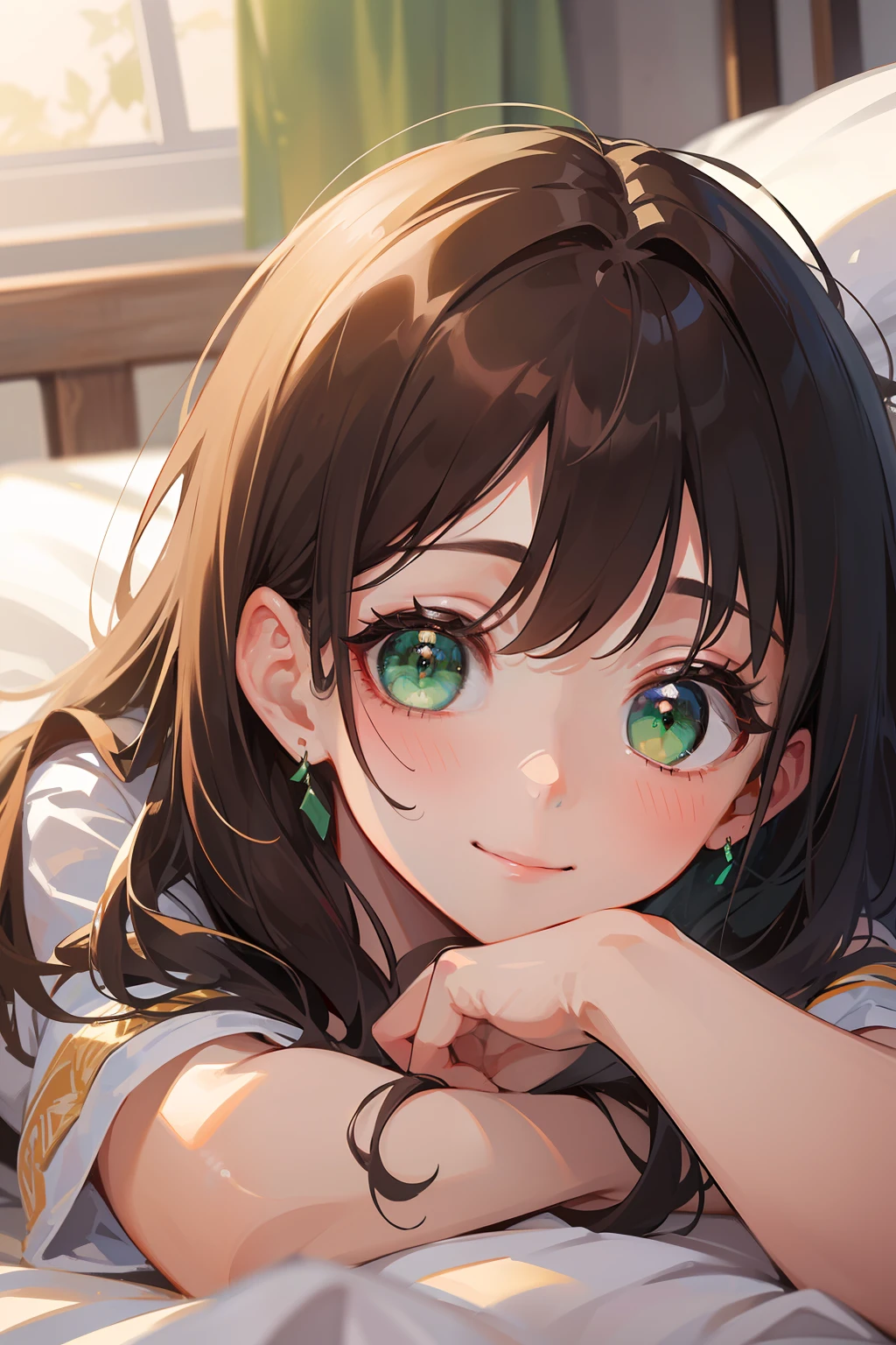 (masterpiece), (best quality), ultra high res, sharp focus, ((1 woman, solo)), upper body, beautiful detailed hair, chestnut brown hair, long hair flowing up, beautiful detailed face, ((beautiful shape eyes, green eyes)), perfect feminine face, sick face, not in good situation, look athe viewer, smile calmly, laying on the comfortable bed