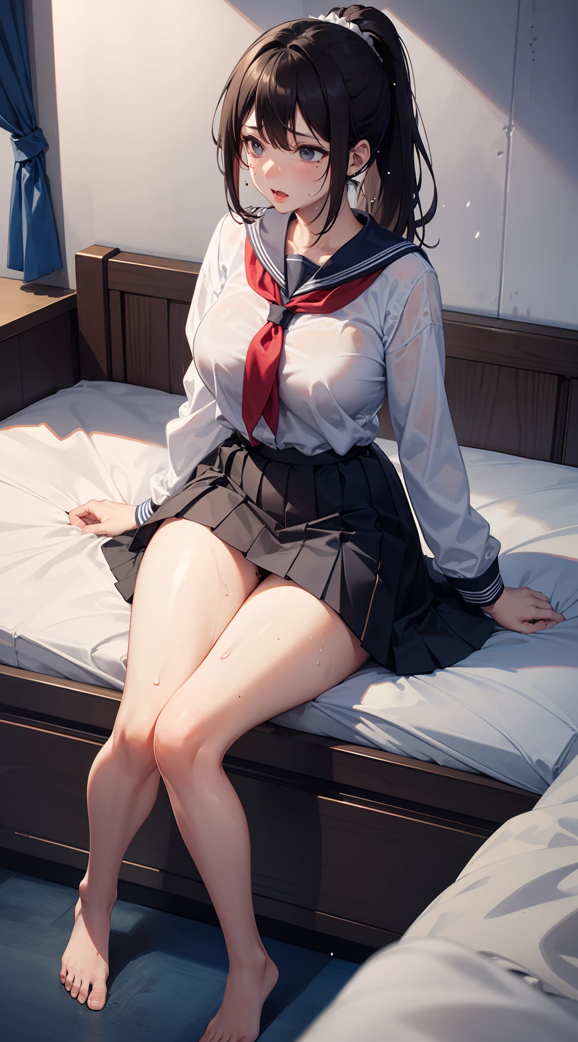 A wife,Single ponytail on the side,Black-brown hair,There is a mole under the left eye,Big breasts,full stature,Wearing a blue and white sailor suit,Black ultra-short pleated skirt,Room bed,Masturbation,And the shape of the female genital organs is clearly visible,There are deep lip prints on the panties,Not wearing Bra,The body is wet,Sweat,orgasmc,Desire for dissatisfaction,Sperm outflow,Bare legged,Disgusted Yan