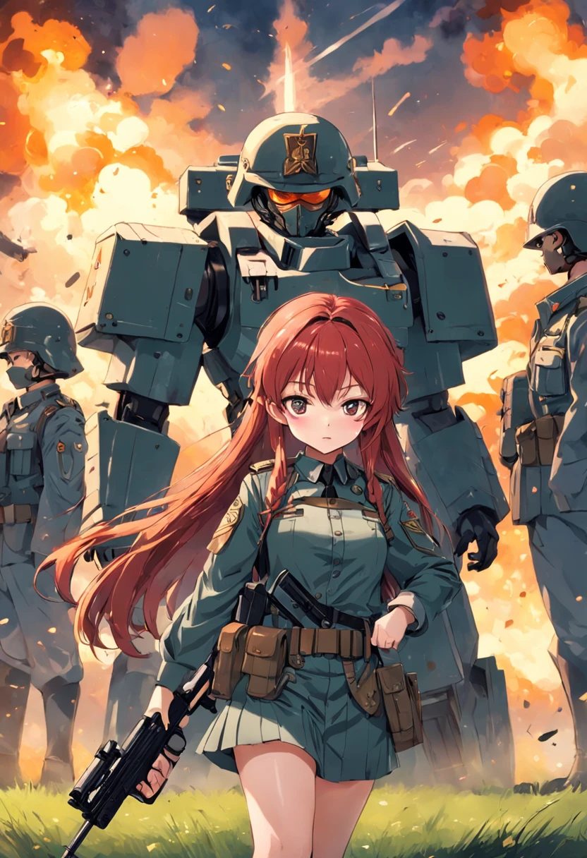 Tall soldiers，Wearing a military helmet，Wearing a military uniform，The rank is 3rd Classmate，Red hair，machine guns，Gatling，Ammunition is plentiful，Full fire，On the lawn，There is a rank on the helmet, 1girl, midriff