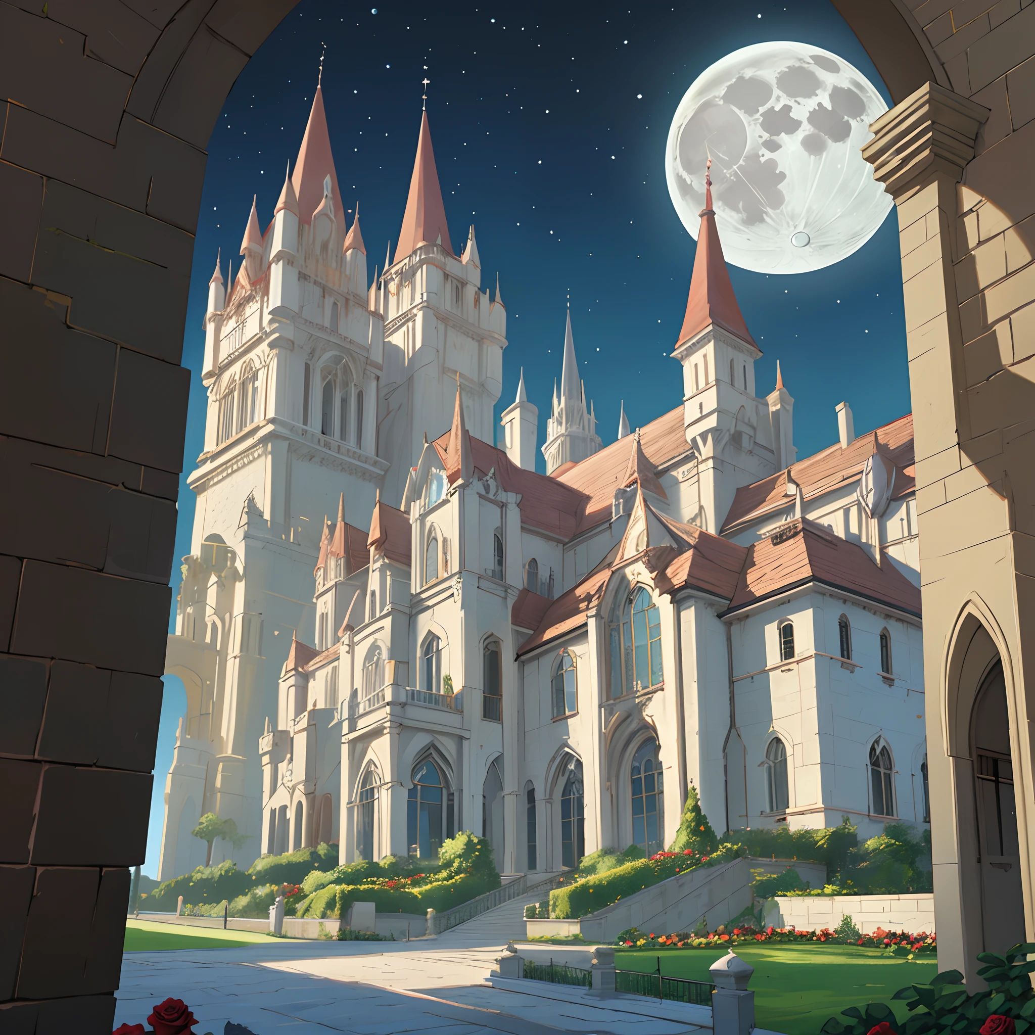 Moon white fine brick walls, spires, red rose castle, glass iron locks