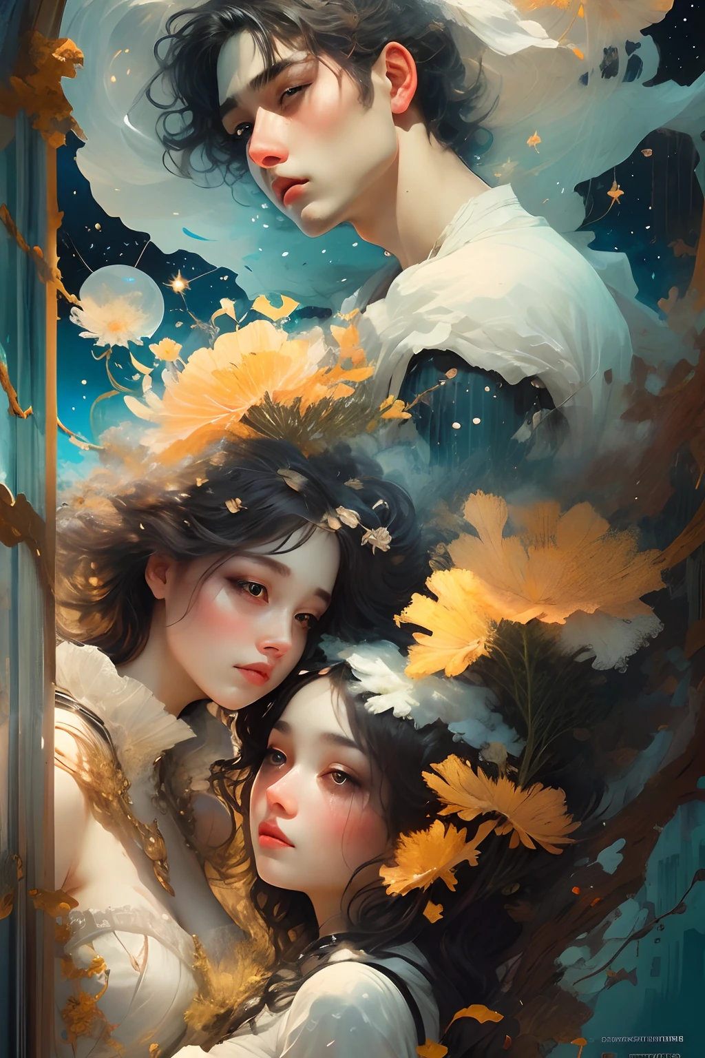 (masterpiece:1), (best quality:1), 1man and 1woman stare lovingly into each other’s eyes, (timeless:1.3), (nature:1), (cosmos:1.5), unending love theme, immorality,