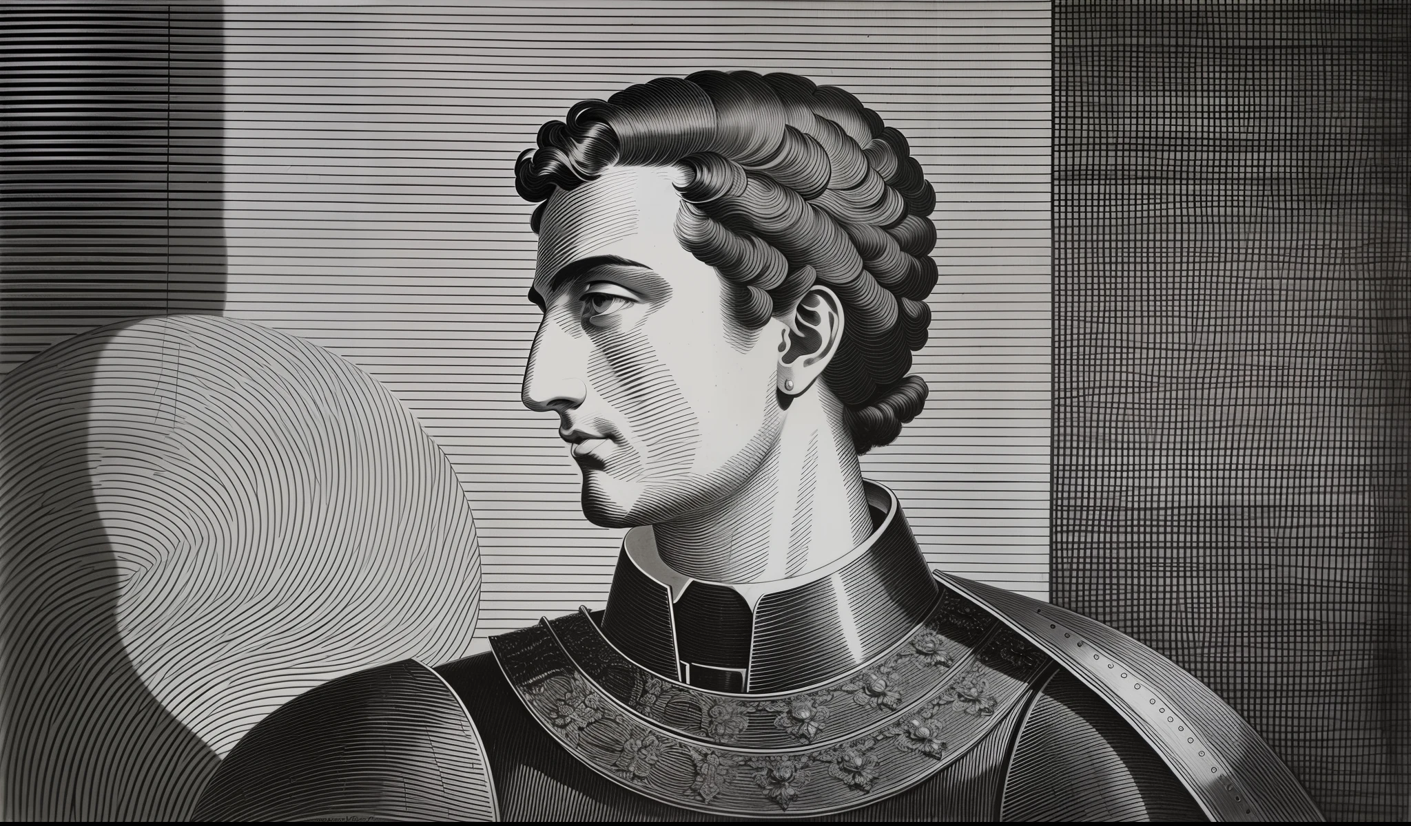 a black and white drawing of a man in a suit of armor, by Mariotto Albertinelli, black and white engraving, by Giorgio Giulio Clovio, bust portrait of a knight, a mid-nineteenth century engraving, inspired by Giovanni Battista Innocenzo Colombo, tiziano vecelli, by Romano Vio, portrait of saint of the pit
