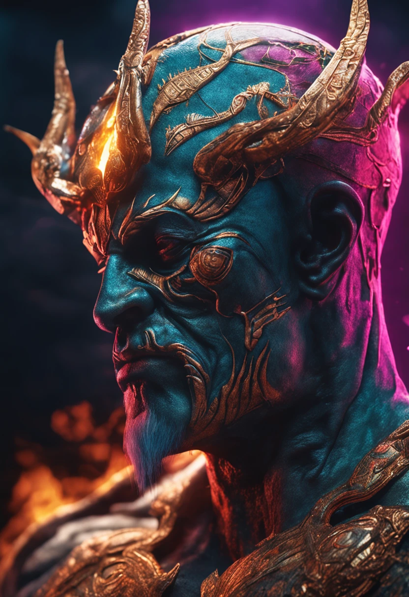 Magnified and ultra realistic image of a deity character oppressing a human being, dark nightmarish background