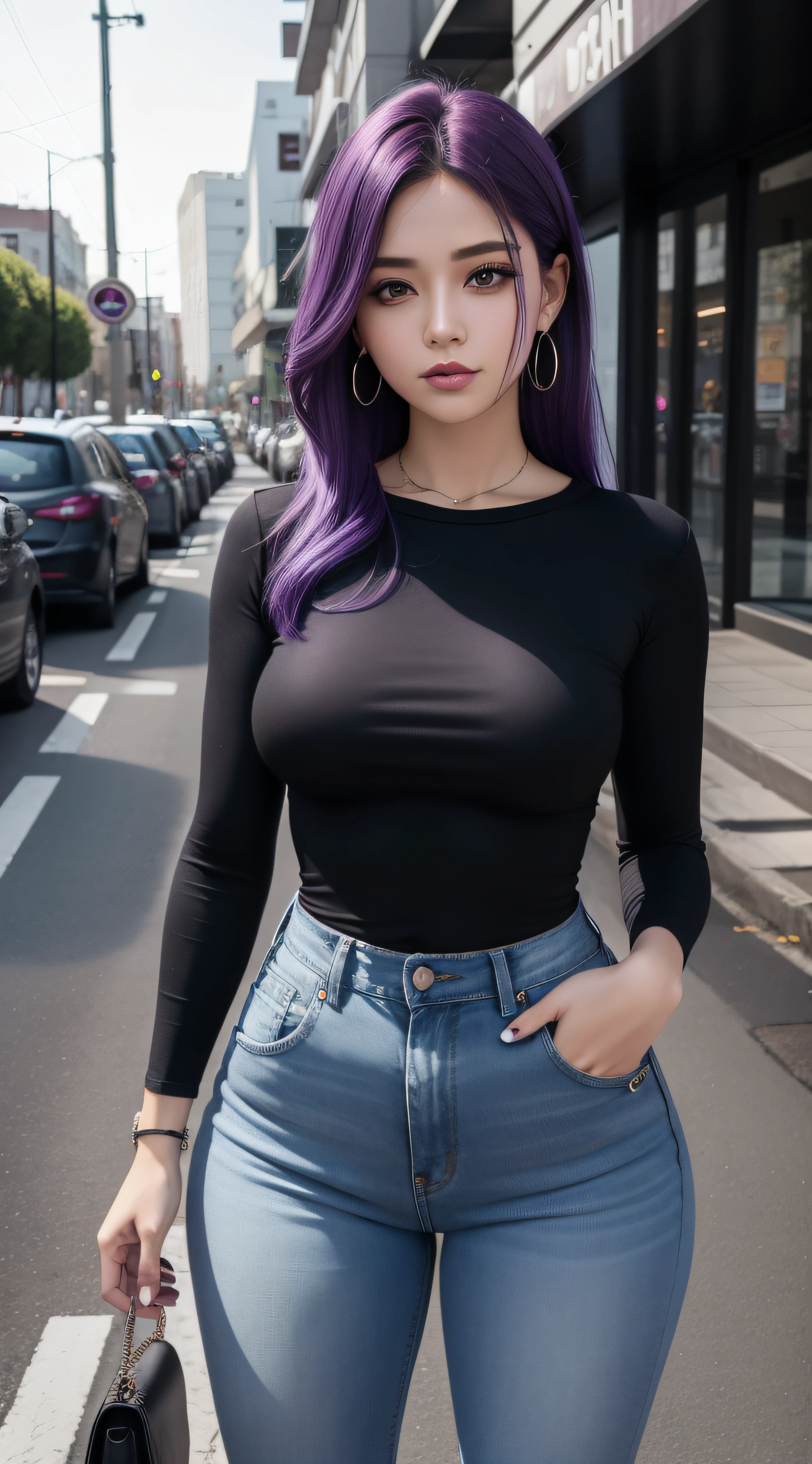 beautiful woman with purple hair and a black shirt and jeans, wearing a dark shirt and jeans, thick thighs, street road background