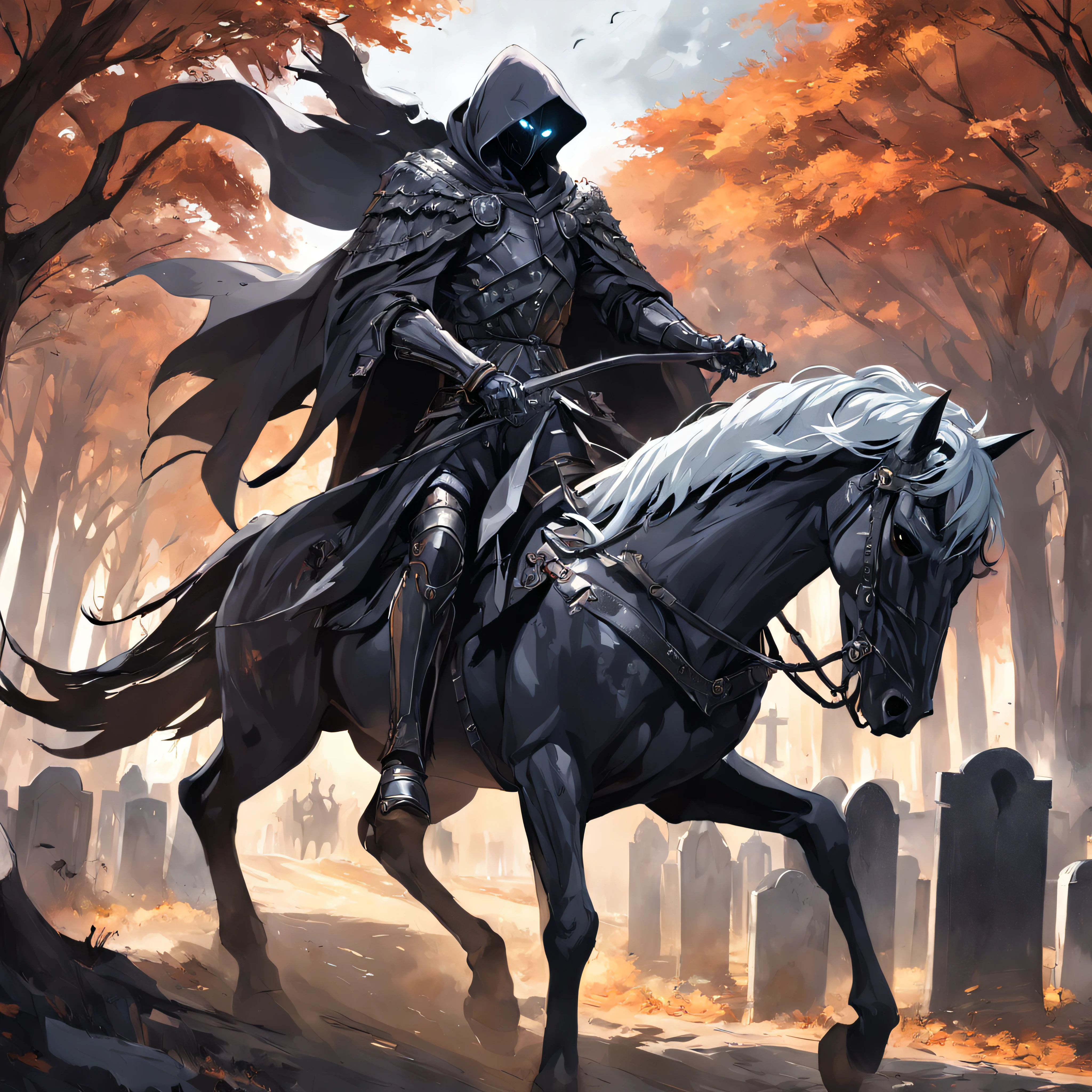 a man riding on the back of a horse in a cemetery, Artstation contest winner, gothic art, portrait of grim reaper, shining armour made of steel, dark. no text, detailed image, graveside, grim gwent card, covet death, award winning concept artist, editorial image, man in horse costume