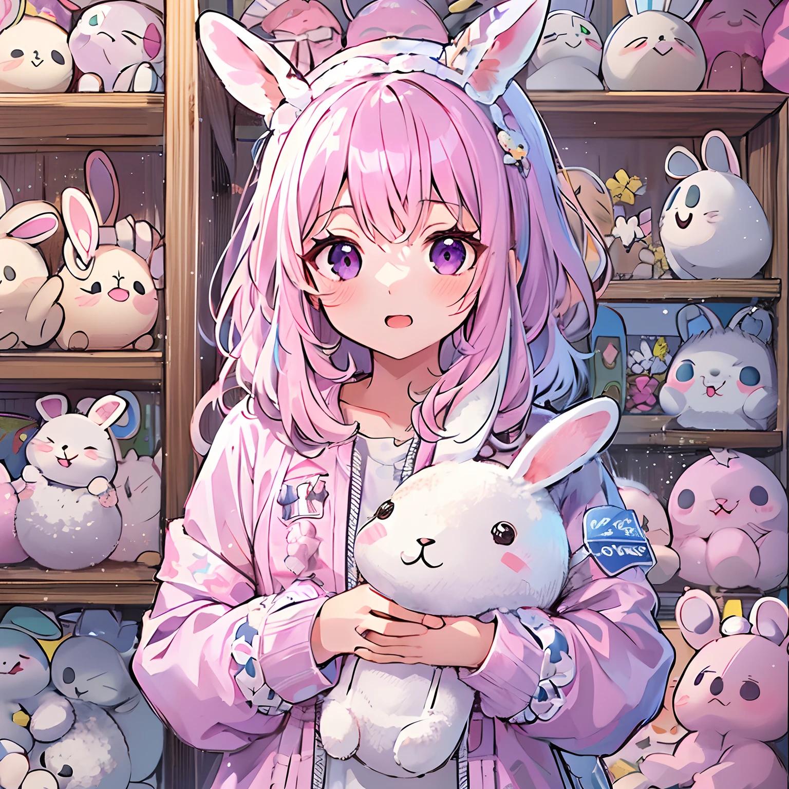 1girl in、absurderes, hight resolution, ((masutepiece)), animesque、((Best Quality))、 (Ultra-detailed), (Beautiful), ((Kawaii Girl)), 独奏,(years:1.6)、Beautiful face、White skin、Toys Section、Girl has a very cute big stuffed rabbit.、Cute casual outfit、Light pink hair、Purple eyes