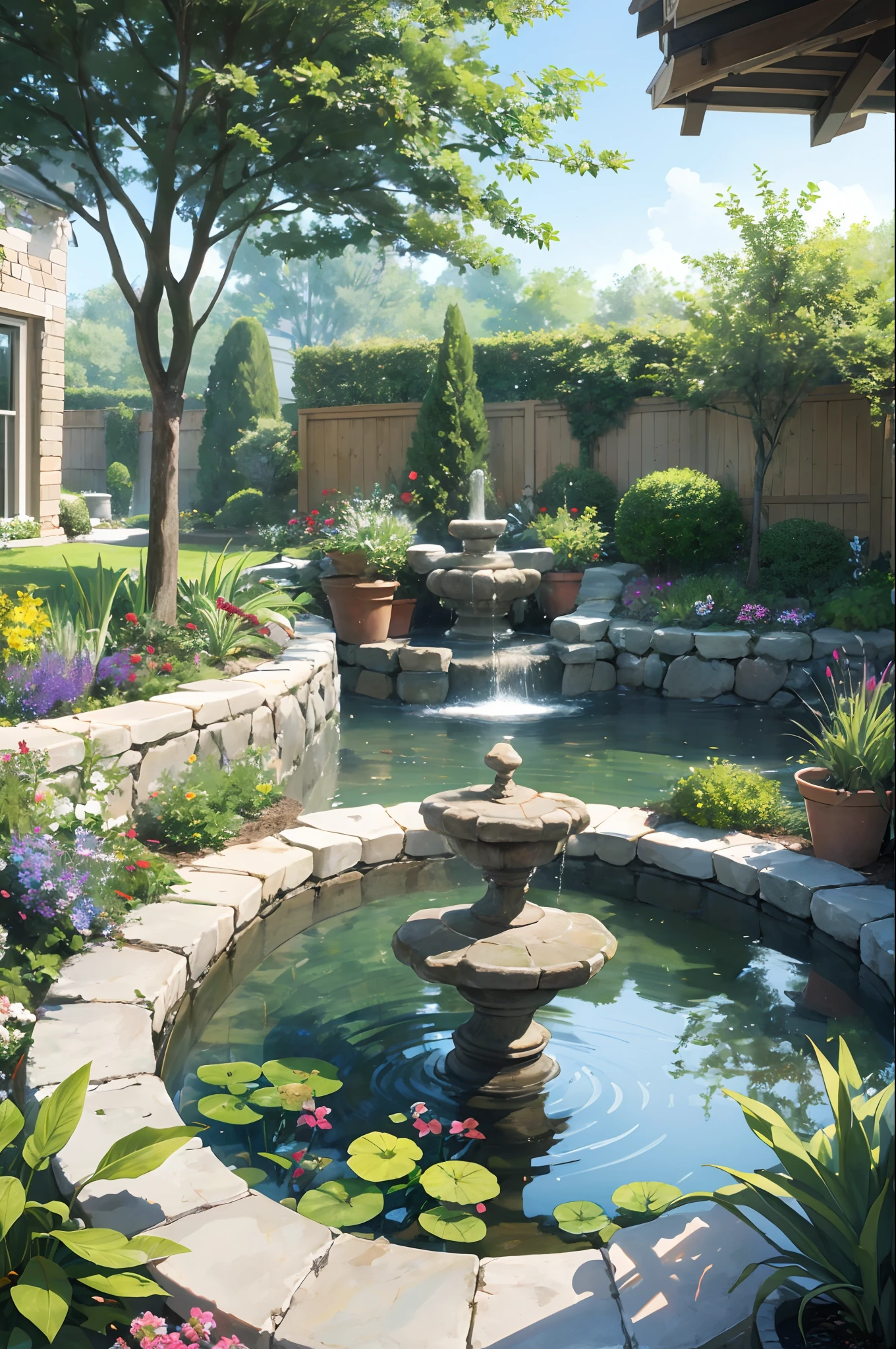 Landscaping: Create a beautiful landscape around the house. Combine well-maintained gardens with vibrant flowers, manicured hedges, There is also a small water feature,Such as tranquil reflecting pools or cascading fountains.