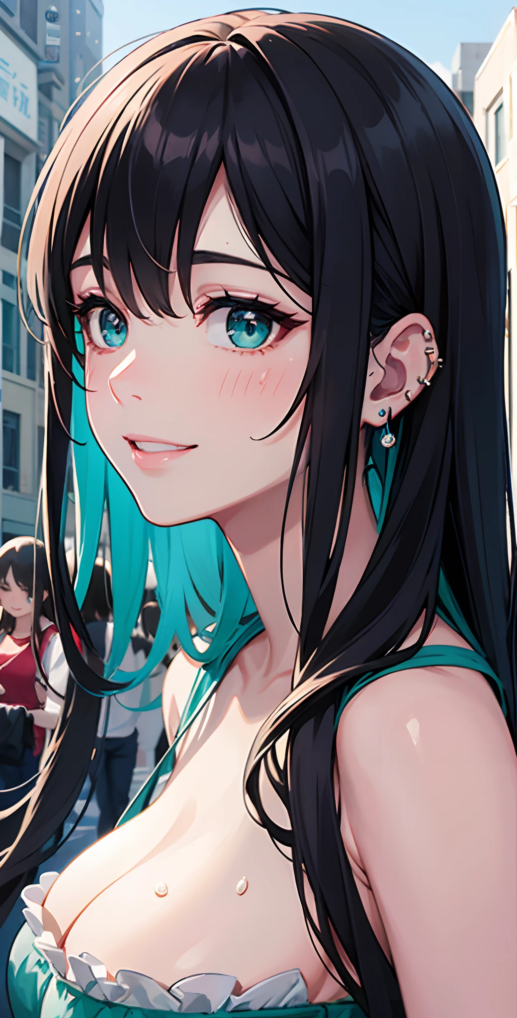 top-quality、masterpiece、hight resolution、Black hair、Turquoise hair inside、BREAK、A slight smil、frontage、1 Female solo、beautiful shadow、Dazzling light、well-muscled、Complicated piercing of ears、Well-formed face、Hyper Detail、Colossal tits、beautifuldetails、Delicate、green colored eyes、Wipe sweat、Reddish eyeshadow、Reddish eyelashes、Shy woman、shame、profile、huge smile