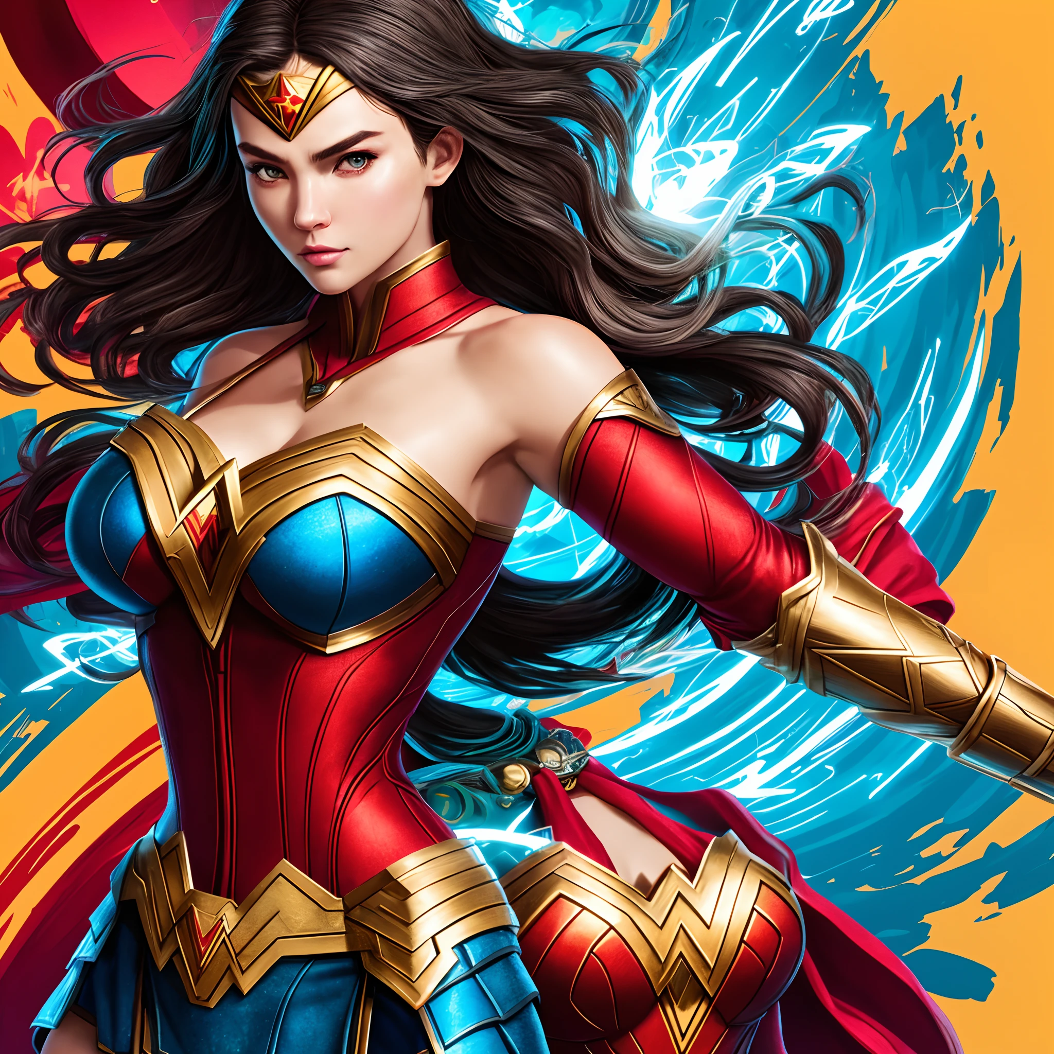 wonder women, TM Samurai, intricate face details, Poster style, pictogram, Vibrant, colorful, vectorstyle, Digital art, 4K, Intricate details, big breasts enchanting, Professional manufacturing, Beautiful vector illustration, 12k resolution, 。.3D, All characters in detailed full body, Highly detailed, vibrant, Ultra high quality, hyper photorealism, Photorealism, rendering by octane]