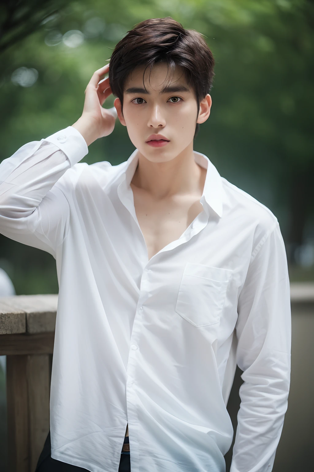 Asian muscular boy sitting on grass, sexy, Dark eyebrows, white shirt, wearing white thong high cut underwaer, white high cut Jockstrap, muscular young male, mid shot portrait, high quality portrait, Attractive pose, cute young man, gorgeous young model, portrait a 25 - year - old boy, casual photography, Realistic. Cheng Yi, cute young man, ((wearing micro string thong))