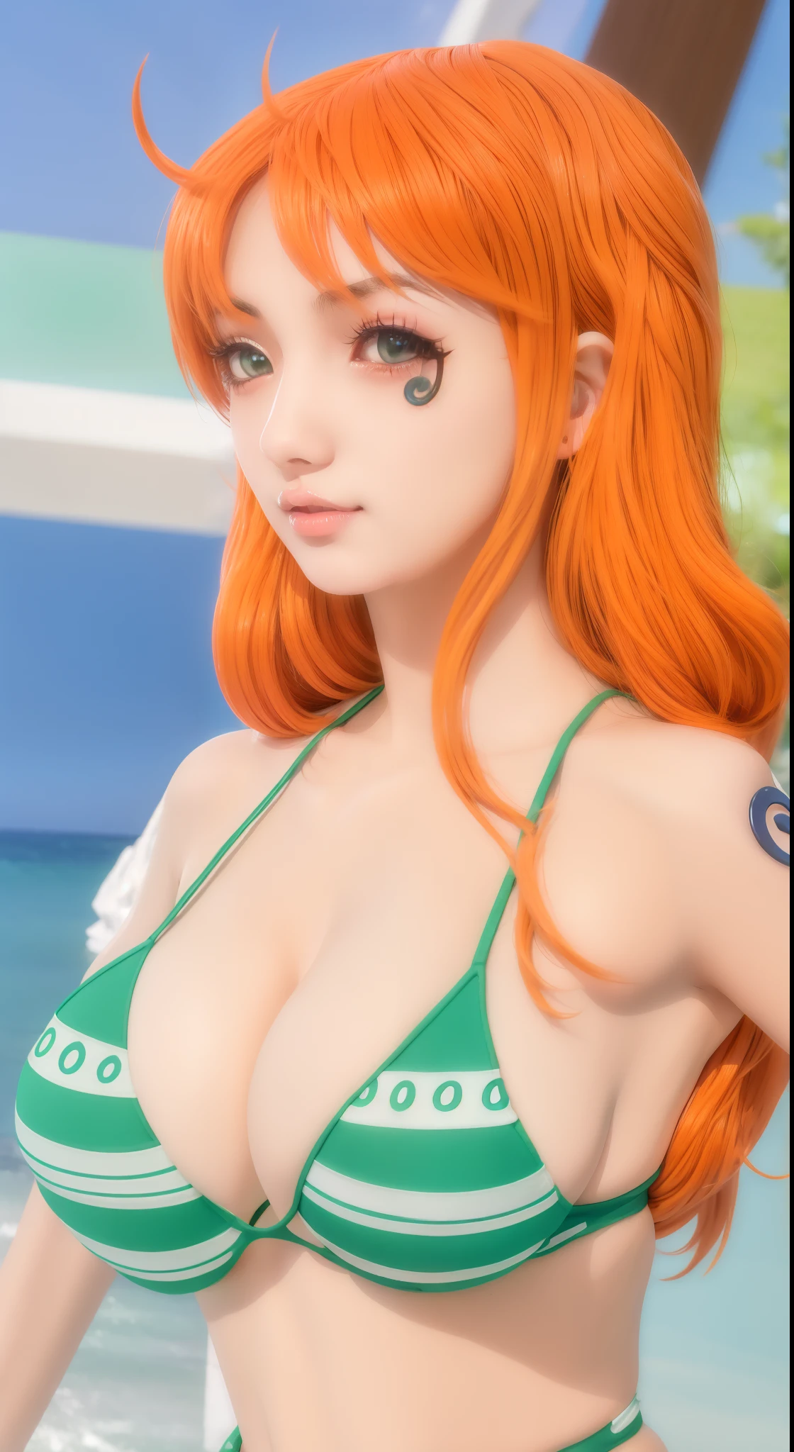 1 girl, nami character from one piece, in underwear, orange hair, green bra,wink one eye, realistic, super high quality