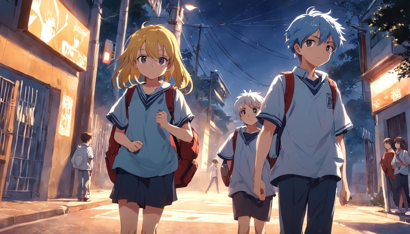 um menino com mochila amarela no colegio , na escola , escola , escola , childrens , estudando , desenho anime