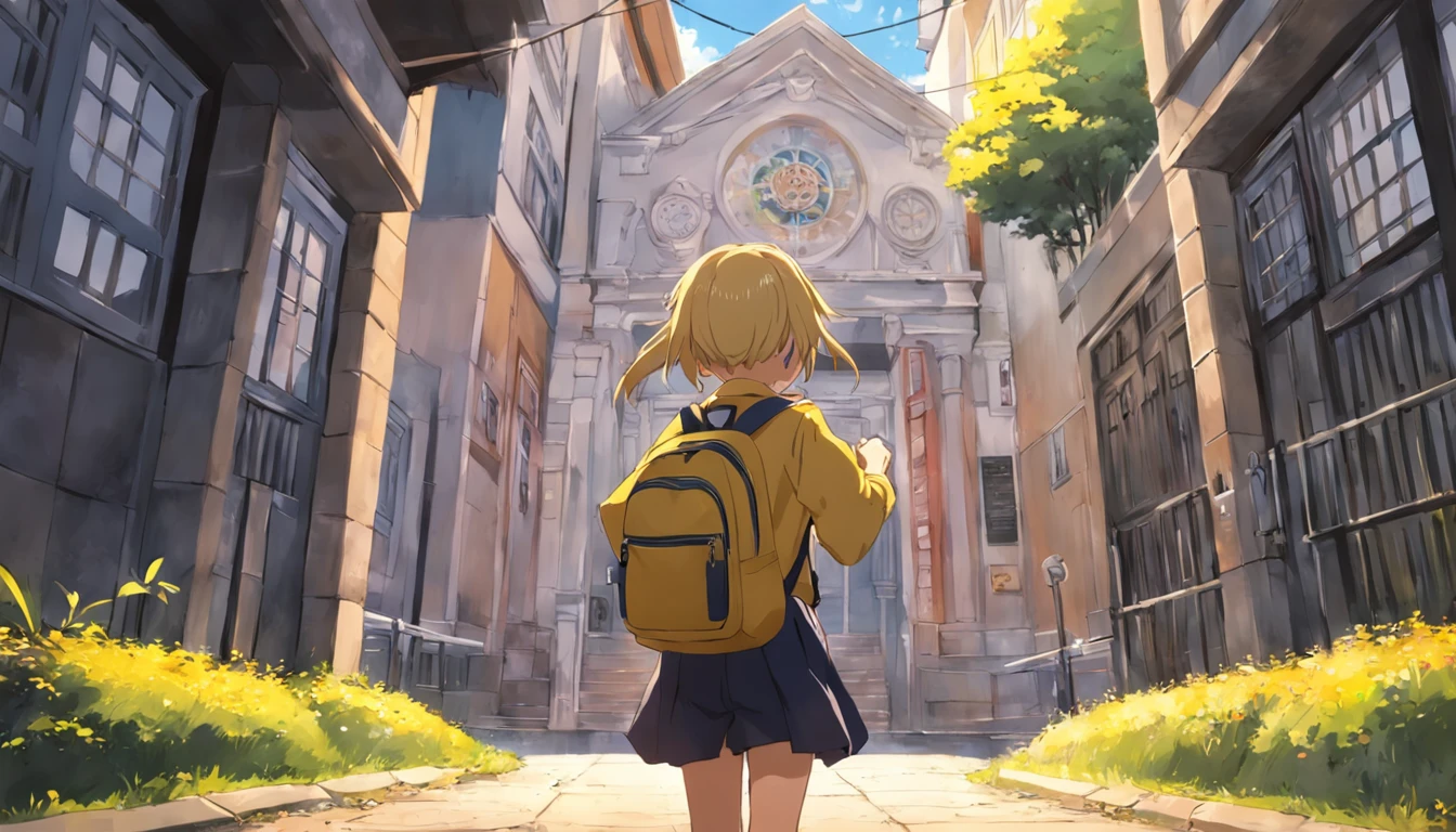 um menino com mochila amarela no colegio , na escola , escola , escola , childrens , estudando , desenho anime