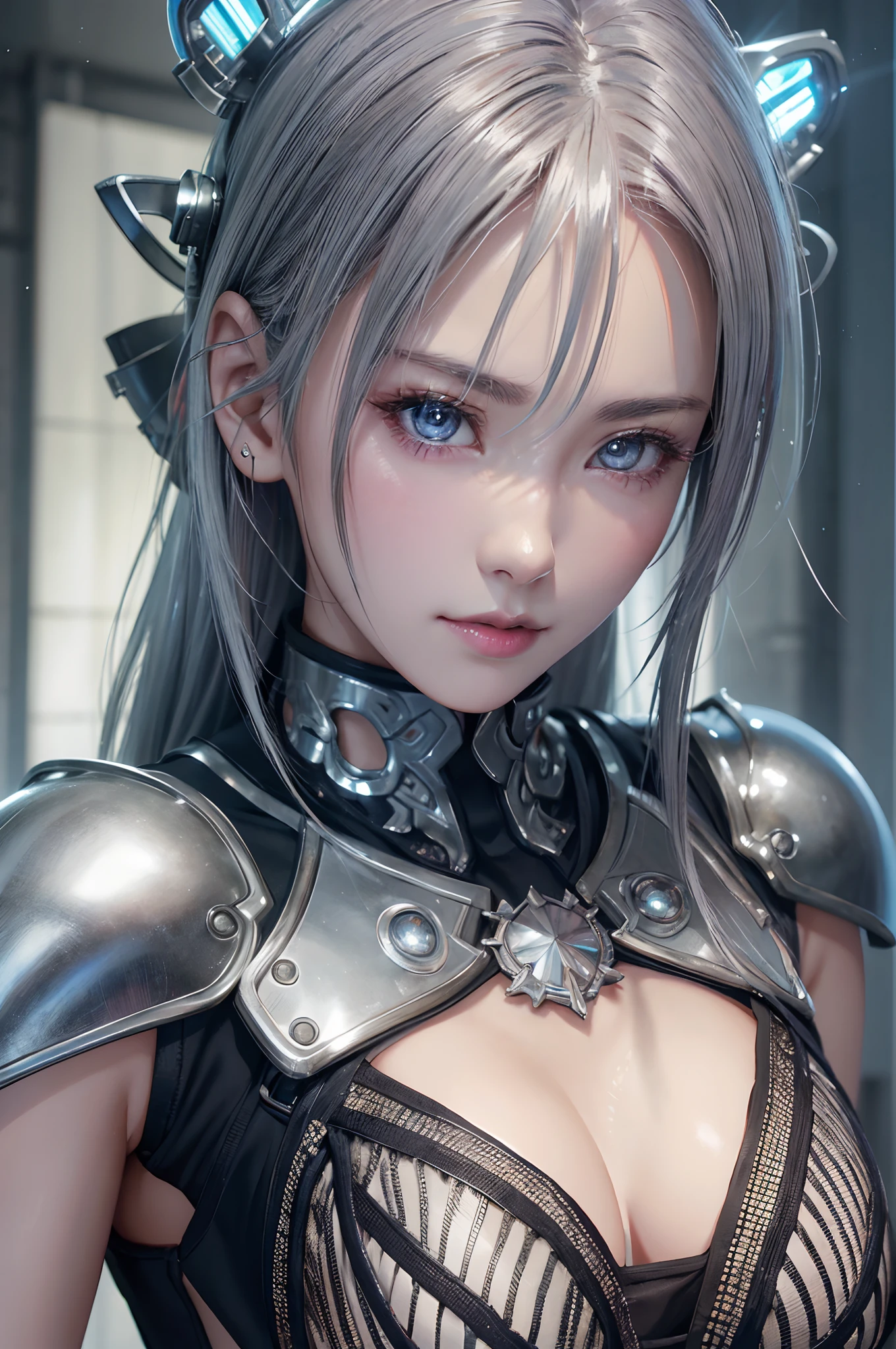 top-quality、8K Masterpiece、超A high resolution、(Photorealsitic:1.3)、Raw photo、女の子1人、silver white hair、glowy skin、1 Cyberpunk Super Beautiful Soldier、((super realistic details))、portlate、globalillumination、Shadow、octan render、8K、ultrasharp、beauty breast、Raw skin is exposed in cleavage、metals、cold color、、highly intricate detail、Realistic light、CGSoation Trends、Beautiful eyes、radiant eyes、Facing the camera、neon details、