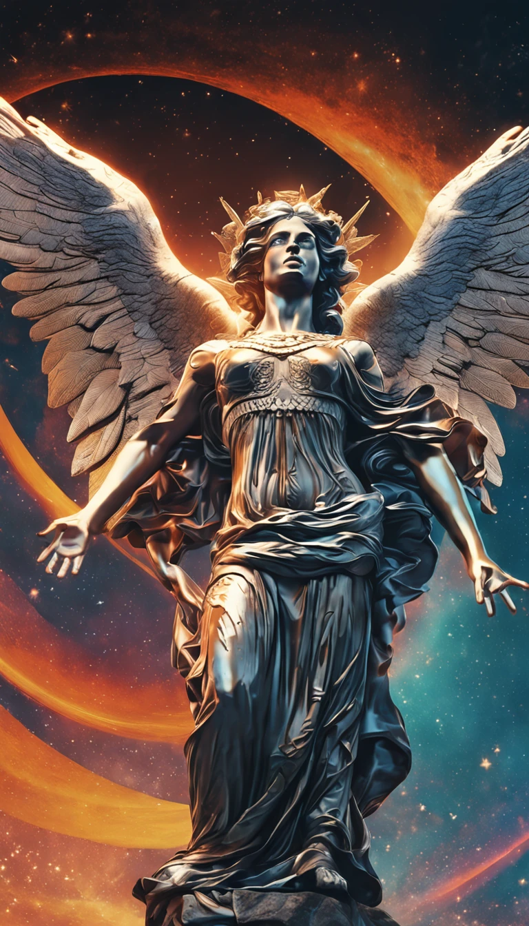 Vector printing of celestial angel T-shirts Greek-style art fused into an epic, imagem detalhada. Mastery in quality and lighting. Stunning and impactful scenery. Dynamic and powerful action. Efeitos de sombra e luz melhorados. High resolution masterpiece. State-of-the-art CG art. Incredible and immersive result.+",fundo preto ,arte png