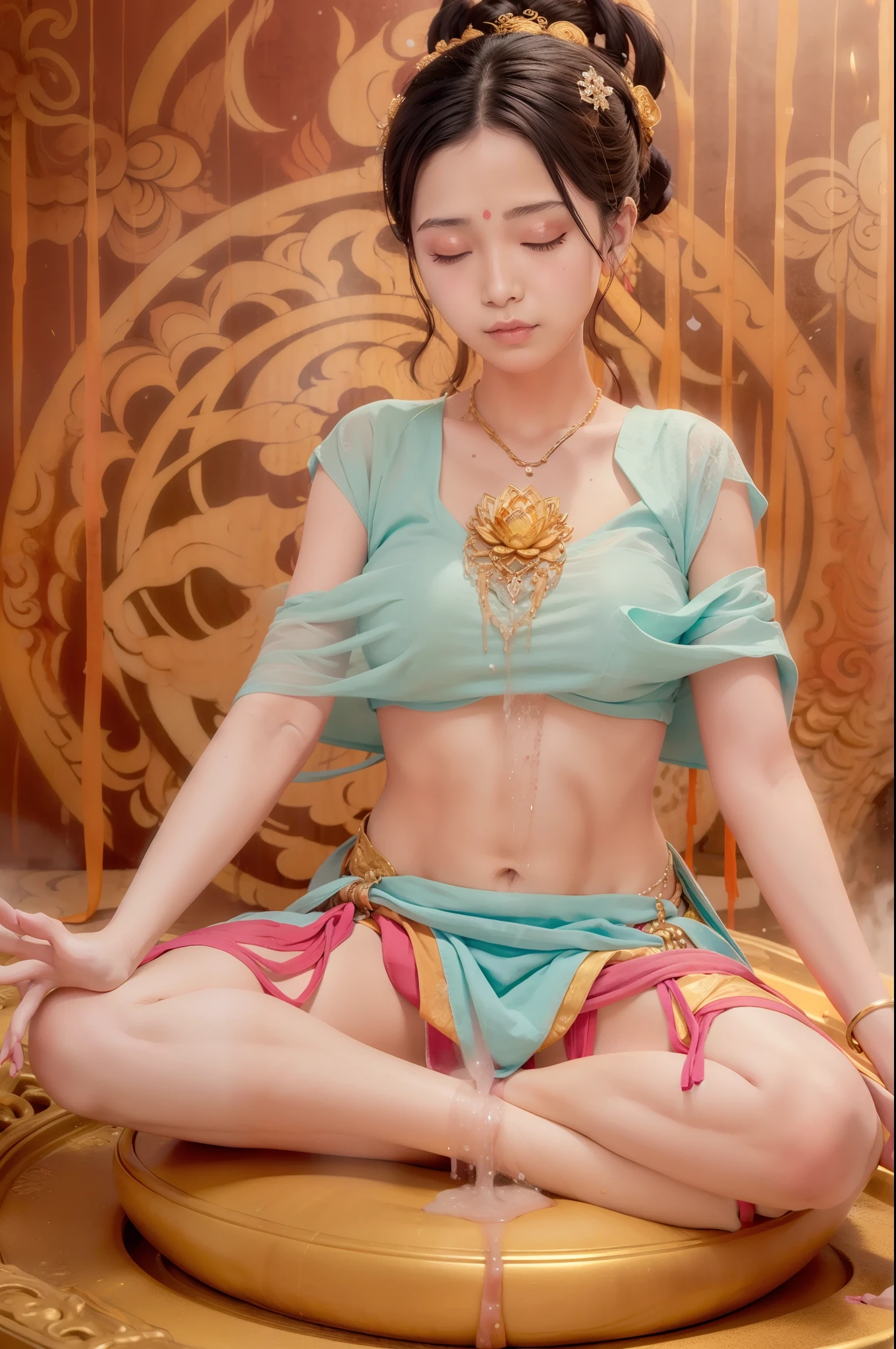 Tantra with mucus soaked all over does yoga lotus sitting meditation，（complete，Delicate and good-looking face）