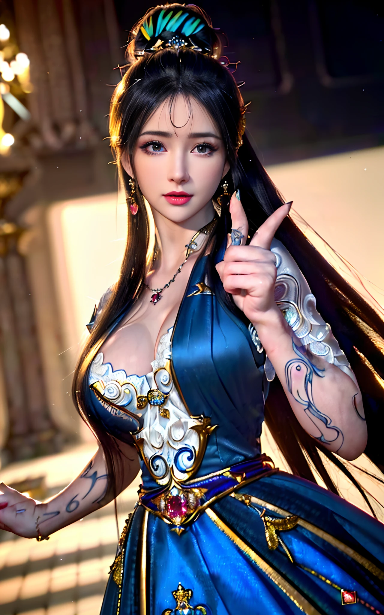 sagisawa fumika, 1girl, solo, watch, pendant watch, blue eyes, breasts, gloves, tiara, dress, long hair, cleavage, looking at viewer, white gloves, bare shoulders, open mouth, large breasts, strapless, choker, blush, white dress, black hair, brown hair, hair between eyes, strapless dress, collarbone, smile, bangs, on stage,