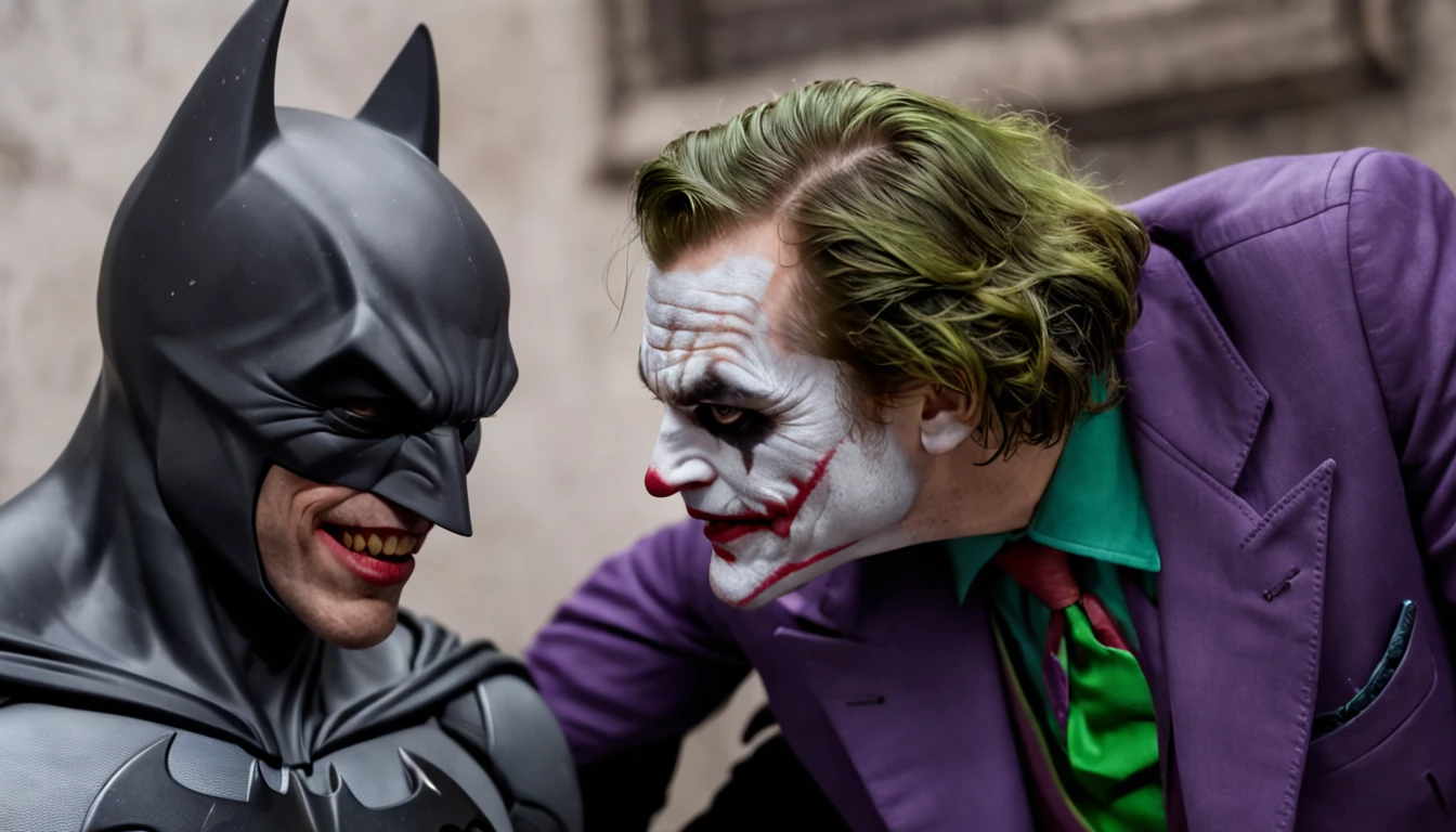 "Batman confronting the Joker with angry expression as the Joker laughs in his face. Ao fundo, a wall with several reward posters to capture the Joker."