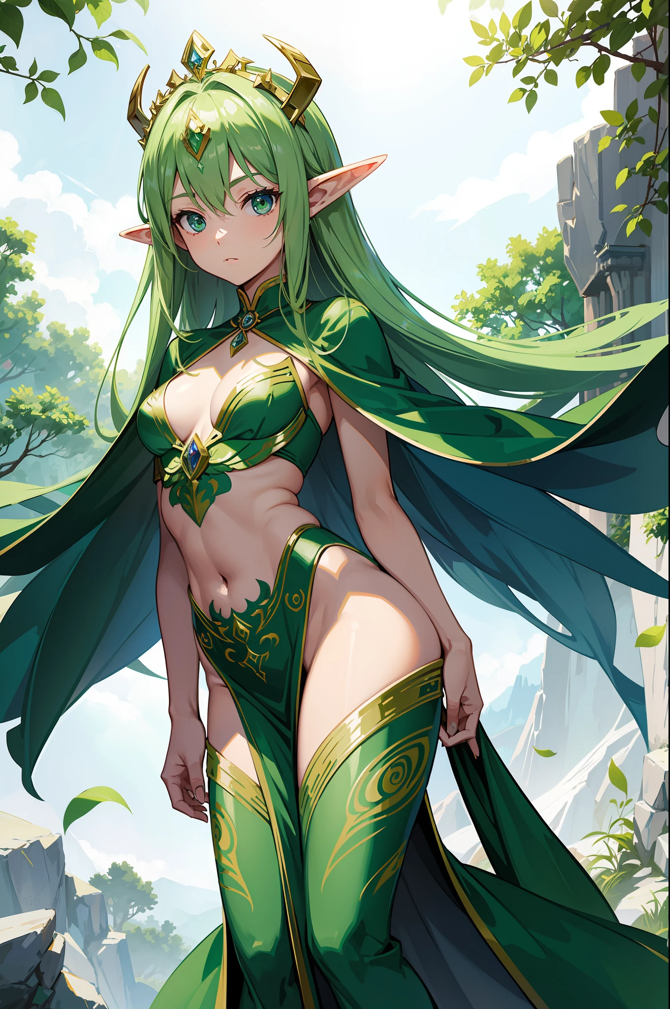 high-level elf godness, petite, masterpeices, dragonflies wings, holy crest tattoo, elf crown, solo, lime green and white color, queen aura, perfect body shape, fantasy arts, world tree background, wind and leaves effect
