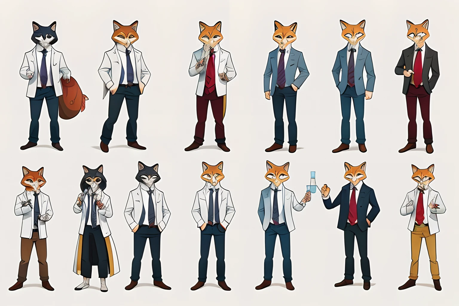 Anime characters of cats in lab coats and ties, stern looking fox in a lab coat, fox in a lab coat, foxish guy in a lab coat, Fox scientist, an anthro wolf, generic furry style, Furry character, full body concept, fursona furry art commission, fursona commission, a fox, professional furry drawing