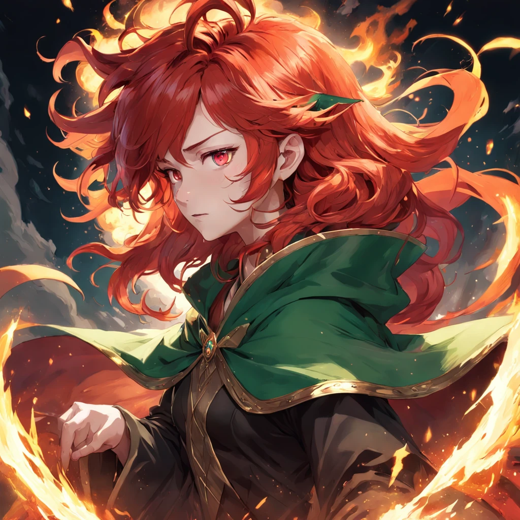 a person with a red hair and a green cape, by Yang J, pixiv contest winner, fantasy art, wreathed in flame, the magician, with curly red hair, discord profile picture, an epic portrayal of the sandman, artbook artwork, quirky king of faes ( with long, trickster, ross tran 8 k, card art, the emerald herald