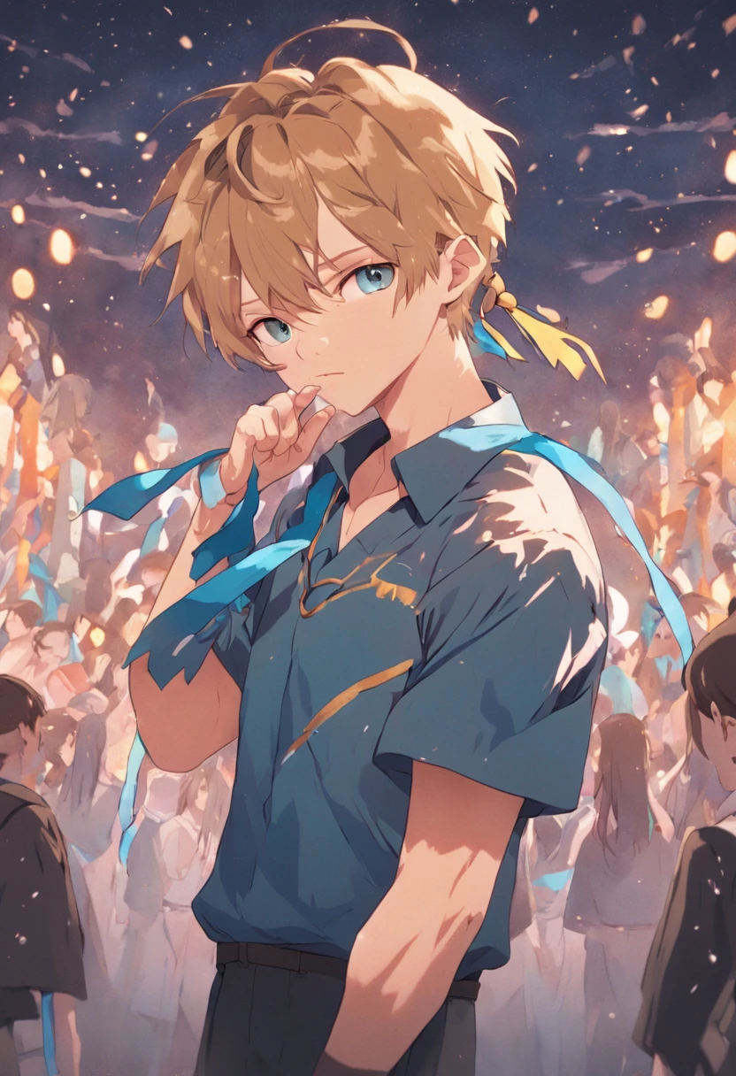 A teacher wearing a short-cut Y-shirt with braids and blue ribbons over his ears with gentle golden eyes and pale brown hair, with a thin ribbon on his chest