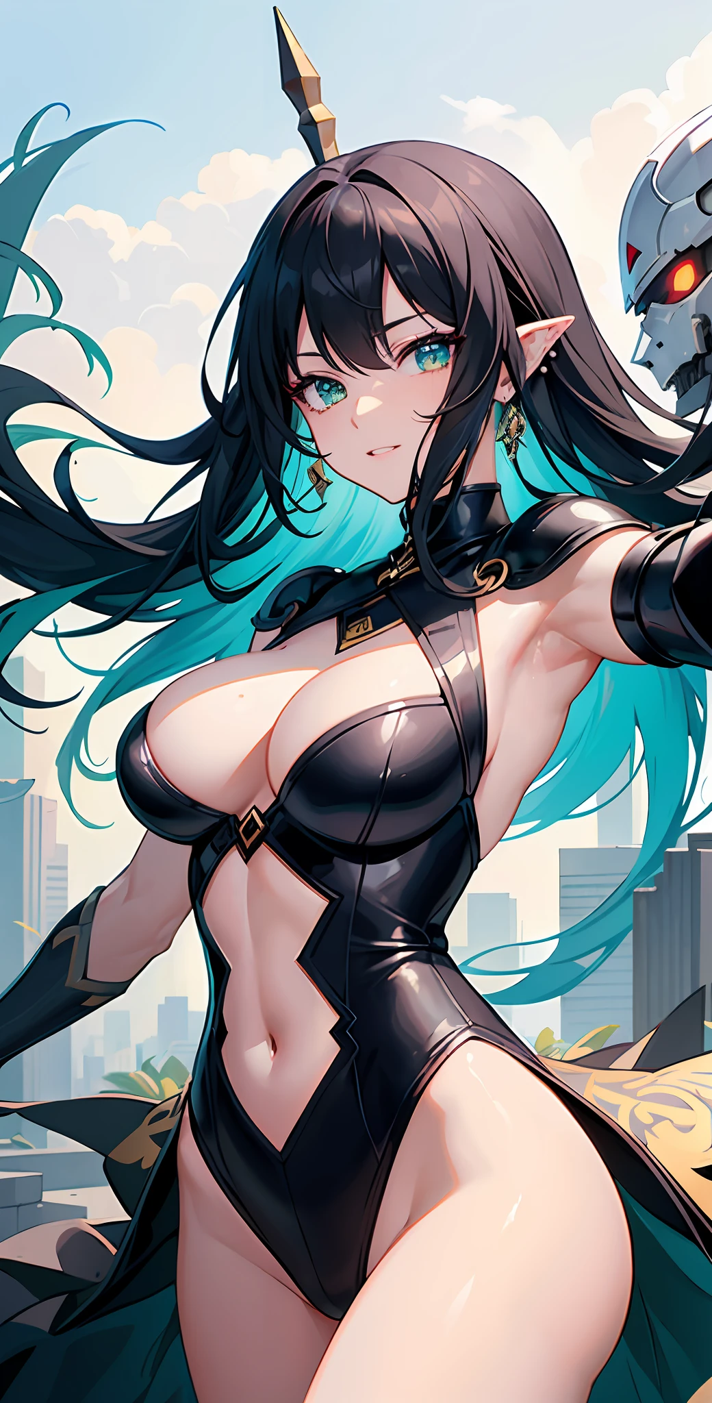 top-quality、masterpiece、hight resolution、Black hair、Turquoise hair inside、BREAK、A slight smil、frontage、1 Female solo、beautiful shadow、Dazzling light、well-muscled、Complicated piercing of ears、Well-formed face、Hyper Detail、Colossal tits、beautifuldetails、Delicate、green colored eyes、Wipe sweat、Reddish eyeshadow、Reddish eyelashes、full body Esbian、Woman Hitting Mighty Laser、steel armor、One woman fighting in the machine of the future、Burning flames
