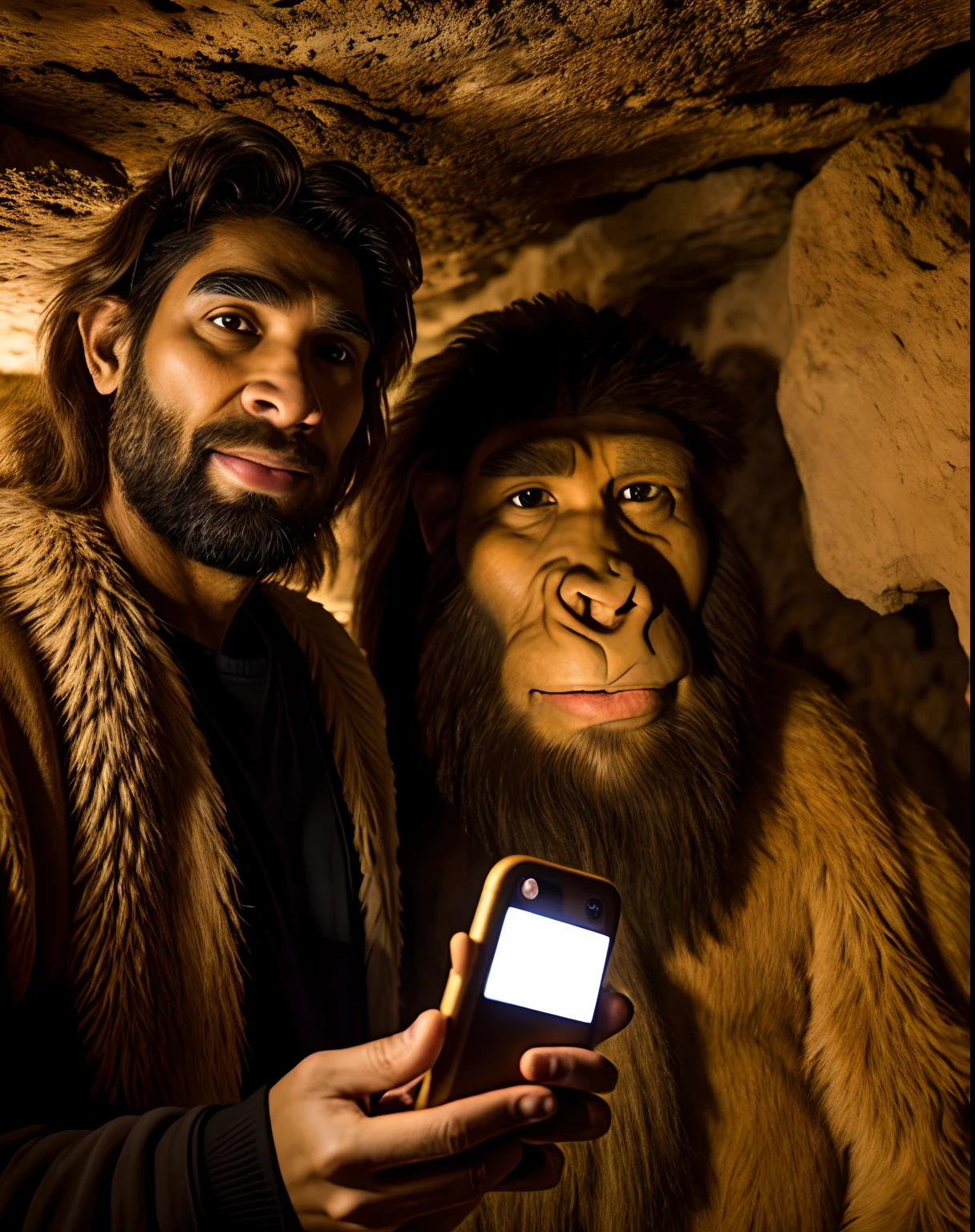 Selfie com smartphone, Homem, (((Neandertal))), Foto realista, smartphone in hand, dinossauro, caverna, tocha