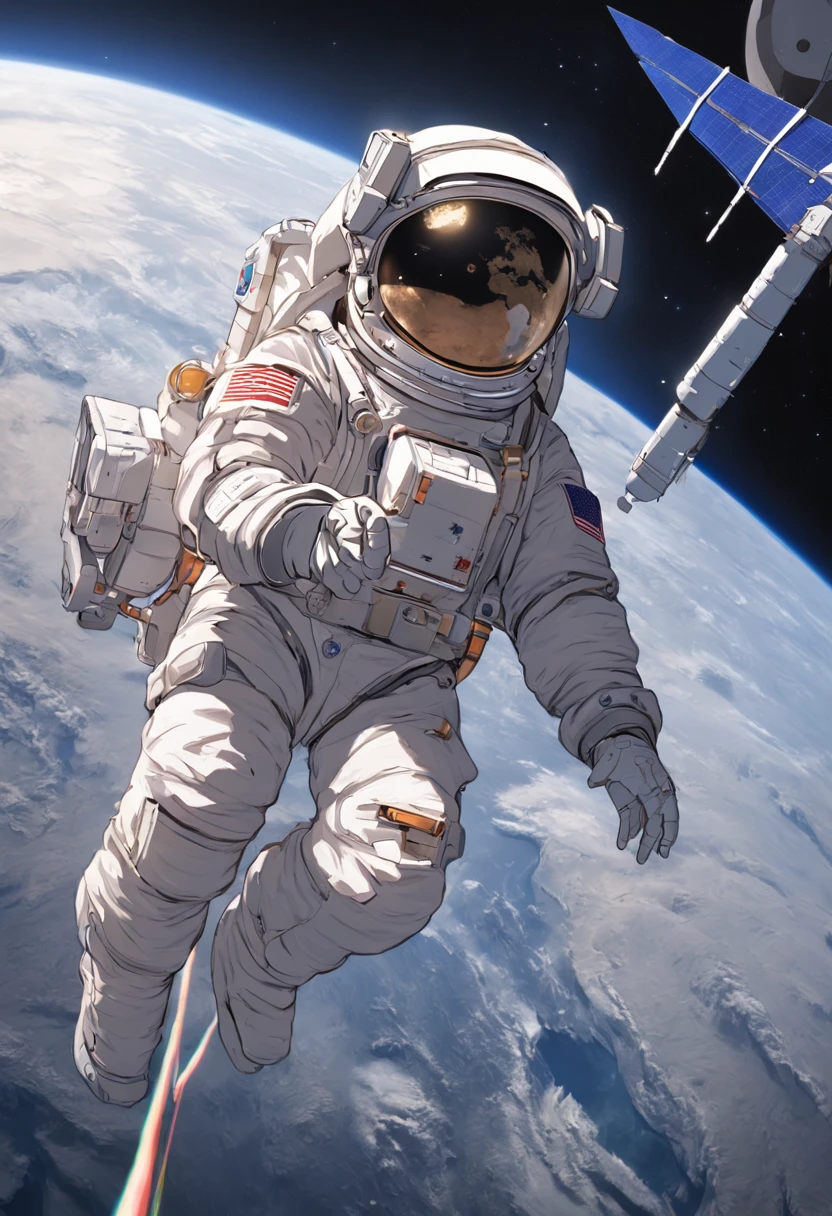 1 astronaut, helmet, space suit, (floating in zero gravity:1.2), earth, Moon, stars, Spaceship, (Reflect sunlight:0.8), Milky Way, (Distant galaxies:1.3), moons, rocket launch, (exhaust gas:0.9), space station, (Cosmic background radiation:1.1), spacewalk, (Tethered to a spacecraft:1.4), (Repair satellites:1.2), (Weightless environment:0.7), (Communication equipment:0.8), (Explore new planets:1.3), (Collect samples:1.1), solar system, (Reflection of an astronaut on a visor:0.9), (international space station:1.2), (An astronaut's perspective:1.3), (Re-entry into the atmosphere:1.4), (International cooperation:1.2), (View from inside the spacecraft:0.8), (Astronaut training:1.1), (moon landing:1.3), (Spacewalks in spacewalks):1.2), (Lunar rover:1.1), (Explore the unknown:1.4), (The shadow of an astronaut on the surface of the moon:0.9), (Floating tool:0.8), (Majestic globe landscape:1.3), (Interstellar Travel:1.2), (Astronaut badge:0.8), (Spacecraft control:1.1), (Celestial navigation:1.3), (The astronaut's visor reflects the Earth:1.2), (Space travelling:1.4), (The astronauts' spacewalk was tethered to the spacecraft:1.5).