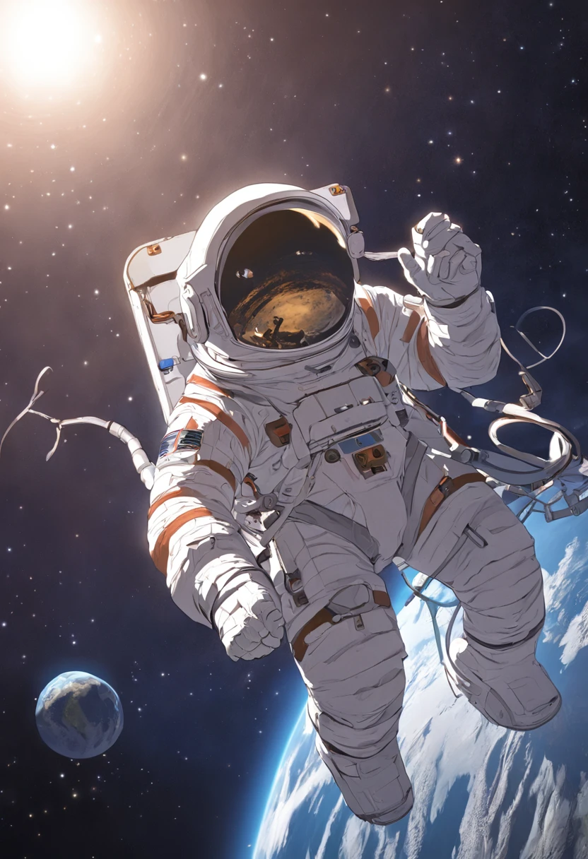 1 astronaut, helmet, space suit, (floating in zero gravity:1.2), earth, Moon, stars, Spaceship, (Reflect sunlight:0.8), Milky Way, (Distant galaxies:1.3), moons, rocket launch, (exhaust gas:0.9), space station, (Cosmic background radiation:1.1), spacewalk, (Tethered to a spacecraft:1.4), (Repair satellites:1.2), (Weightless environment:0.7), (Communication equipment:0.8), (Explore new planets:1.3), (Collect samples:1.1), solar system, (Reflection of an astronaut on a visor:0.9), (international space station:1.2), (An astronaut's perspective:1.3), (Re-entry into the atmosphere:1.4), (International cooperation:1.2), (View from inside the spacecraft:0.8), (Astronaut training:1.1), (moon landing:1.3), (Spacewalks in spacewalks):1.2), (Lunar rover:1.1), (Explore the unknown:1.4), (The shadow of an astronaut on the surface of the moon:0.9), (Floating tool:0.8), (Majestic globe landscape:1.3), (Interstellar Travel:1.2), (Astronaut badge:0.8), (Spacecraft control:1.1), (Celestial navigation:1.3), (The astronaut's visor reflects the Earth:1.2), (Space travelling:1.4), (The astronauts' spacewalk was tethered to the spacecraft:1.5).