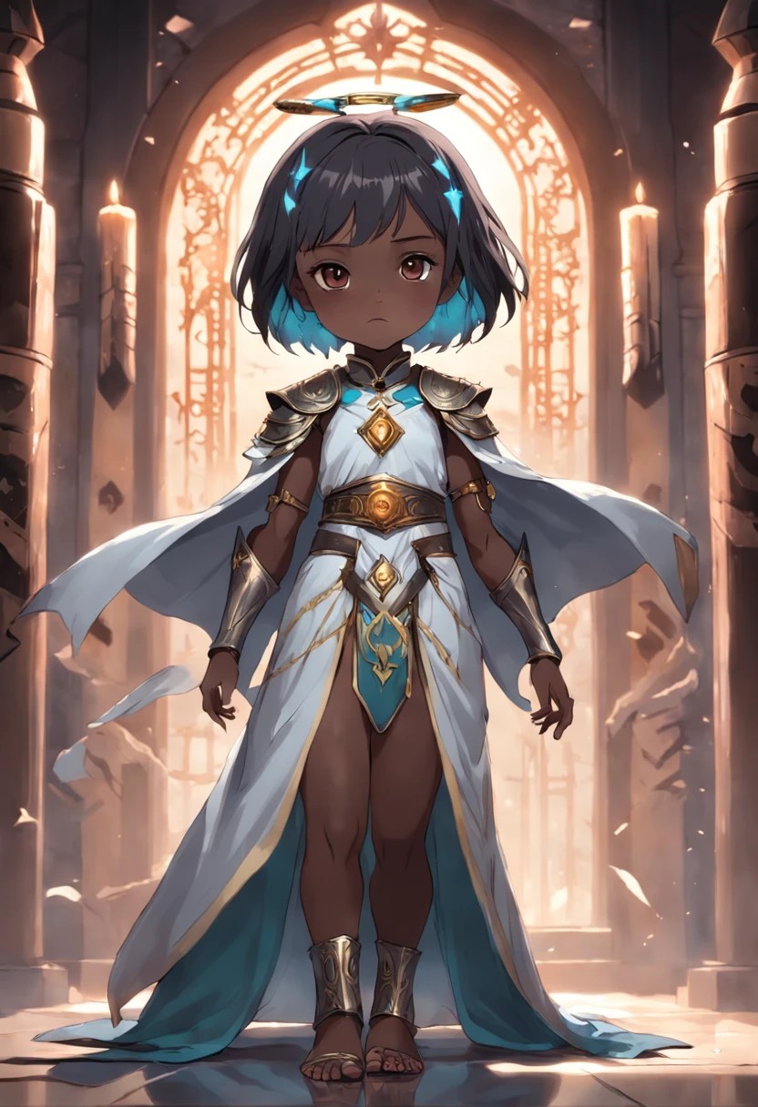 beautiful little girl, armor, robes of priestess, dark skin, short gray hair,