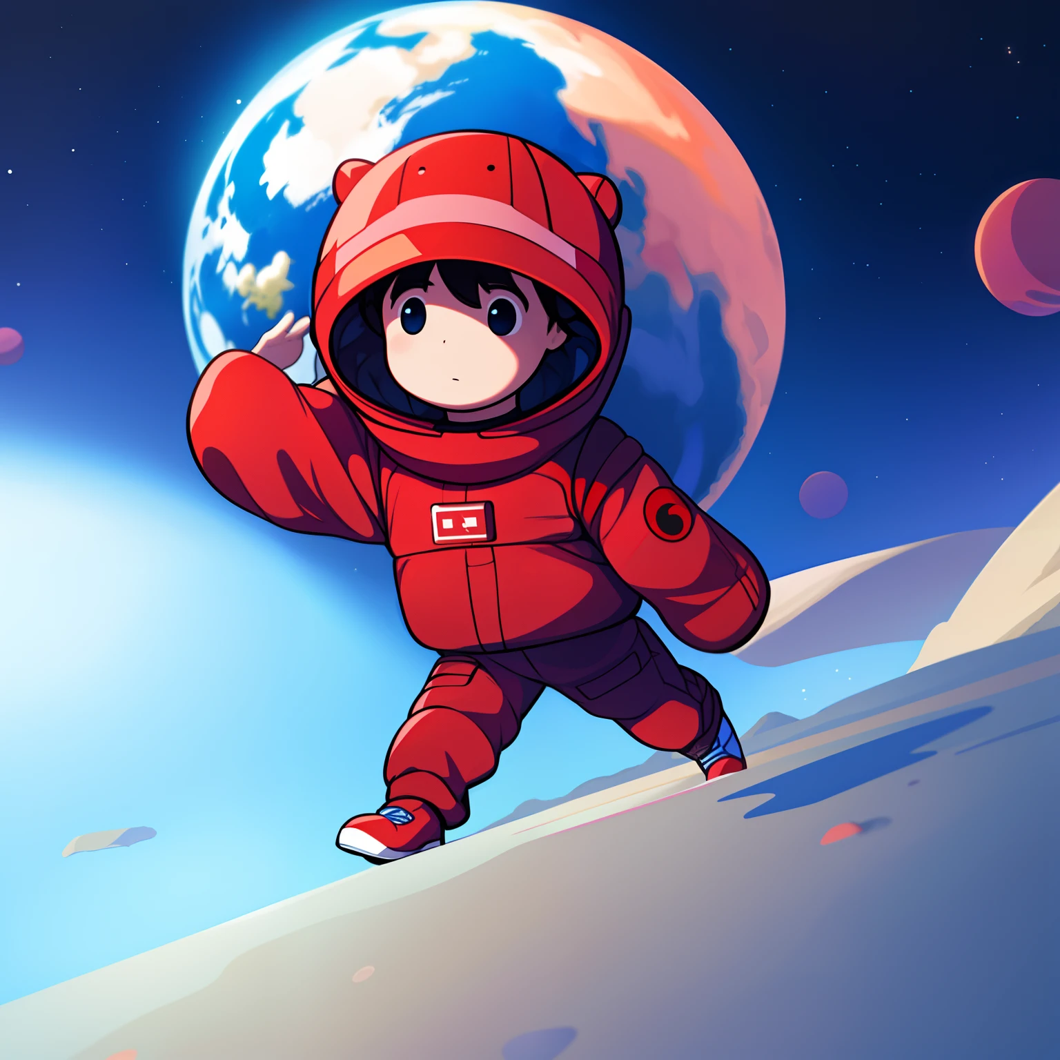 Masterpiece,Best quality, Little boy walking on Mars,Spacesuit,3 moons,space,，Chinese red，Blue Earth，Space Deep Sky，Distant Star Han