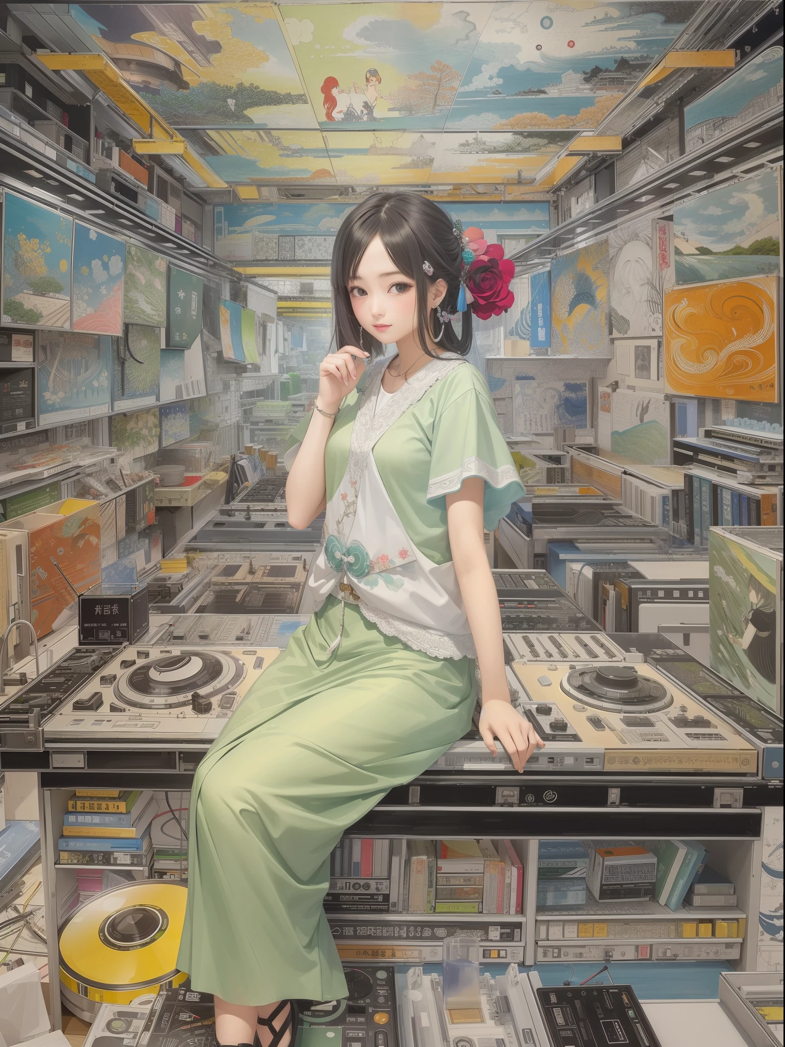 (Best Quality, masutepiece:1.1), (Realistic:1.4), Status quo、DJ Girls、Longhaire、Huge space、ukiyoe painting、Complex structural spaces、disco