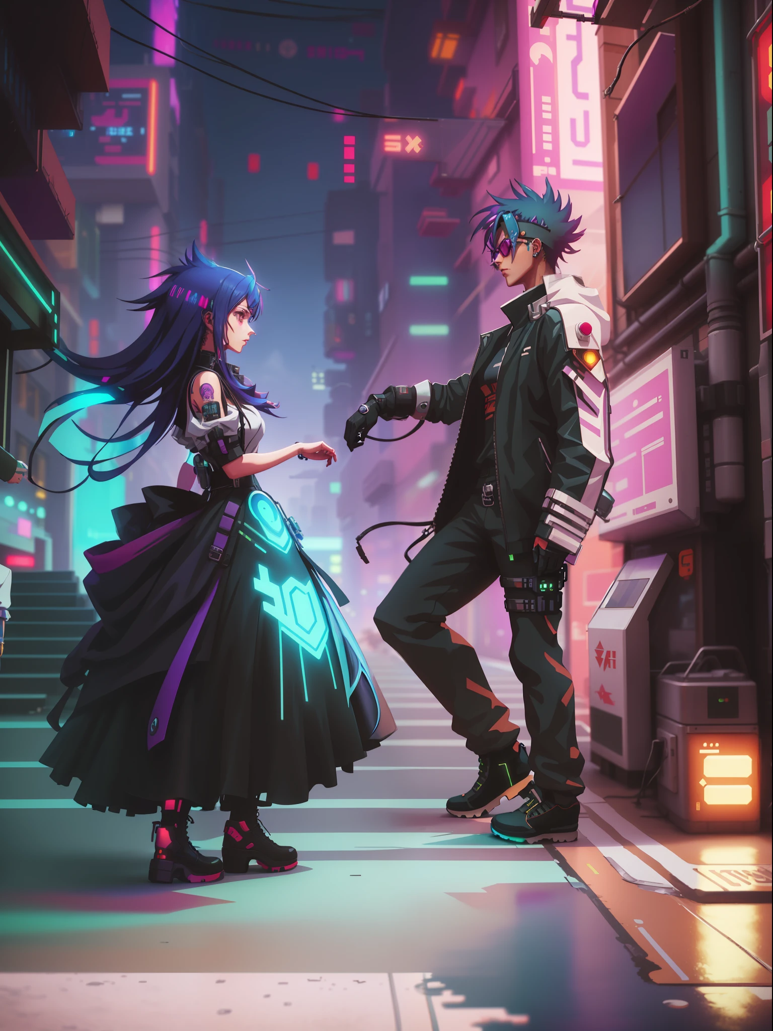 a couple of people standing on a street next to a building, cyberpunk art style, anime cyberpunk art, modern cyberpunk anime, stylized urban fantasy artwork, cyberpunk anime art, cyberpunk themed art, in cyberpunk style, digital cyberpunk anime art, rococo cyberpunk, cyberpunk artstyle, anime cyberpunk, digital cyberpunk - anime art, cyberpunk art nouveau