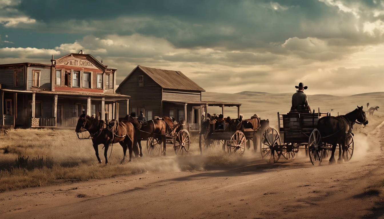 Old West American - Desenho - Seis pistoleiros andam por uma estrada empoeirada no Kansas. - Realistic - Cinematic -- air 16:9